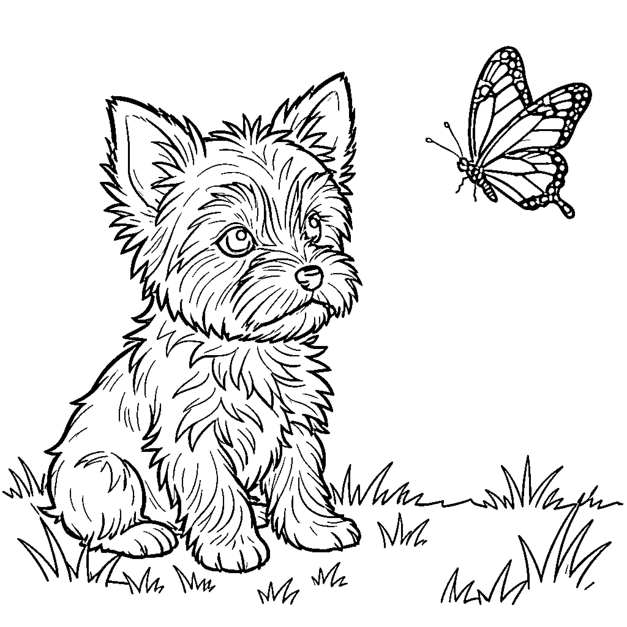 Yorkie sitting in the grass watching a butterfly Coloring Page (free black-and-white line drawing printable PDF for all, from beginners to advanced learners, including children, teens, adults, and seniors)