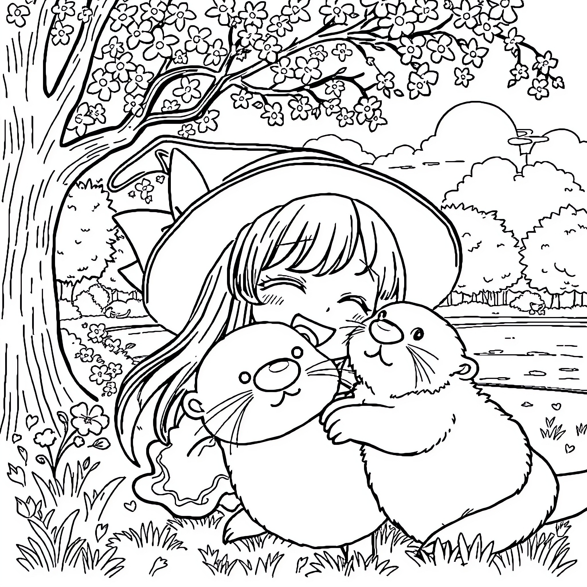 Kuromi's Whimsical Outdoor Adventure with Fluffy Companions Coloring Page (free black-and-white line drawing printable PDF for all, from beginners to advanced learners, including children, teens, adults, and seniors)