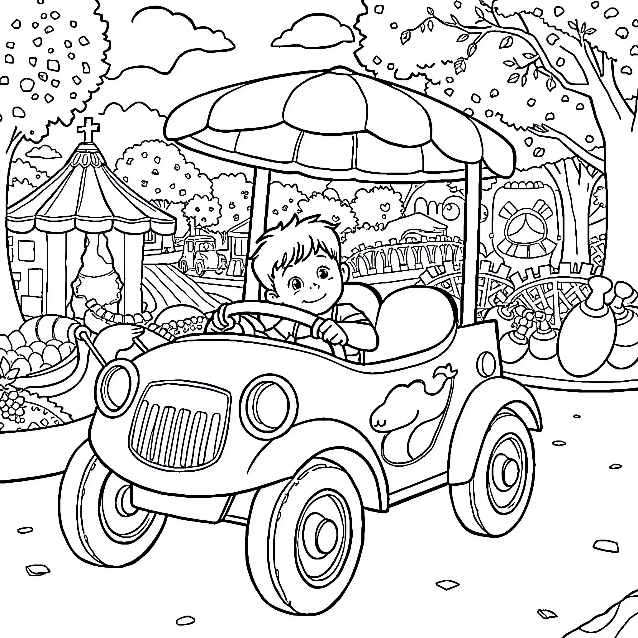 Niño exploring a colorful carnival in a toy car Coloring Page (free black-and-white line drawing printable PDF for all, from beginners to advanced learners, including children, teens, adults, and seniors)