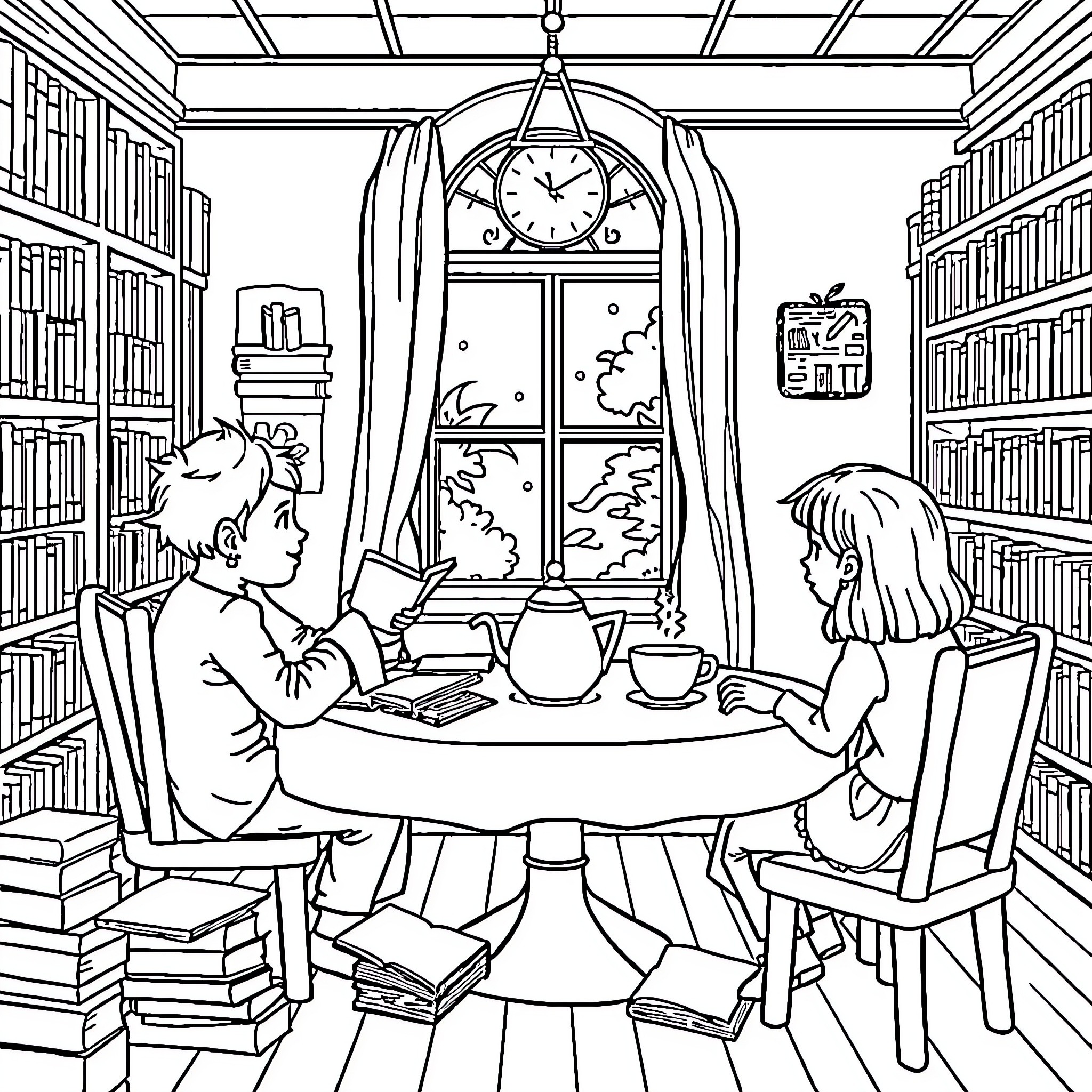 Tea Party in a Cozy Library Setting Coloring Page (free black-and-white line drawing printable PDF for all, from beginners to advanced learners, including children, teens, adults, and seniors)