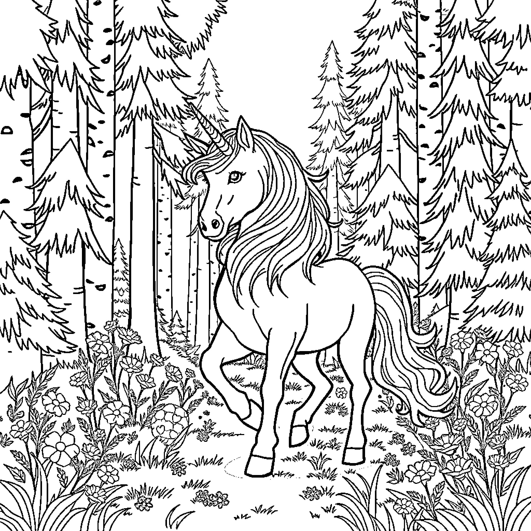 Unicorn exploring the enchanted forest Coloring Page (free black-and-white line drawing printable PDF for all, from beginners to advanced learners, including children, teens, adults, and seniors)