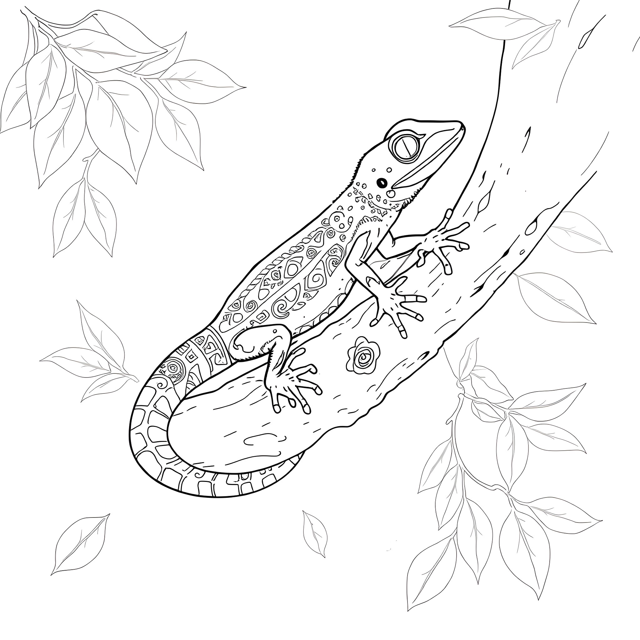 Skink exploring the lush foliage Coloring Page (free black-and-white line drawing printable PDF for all, from beginners to advanced learners, including children, teens, adults, and seniors)