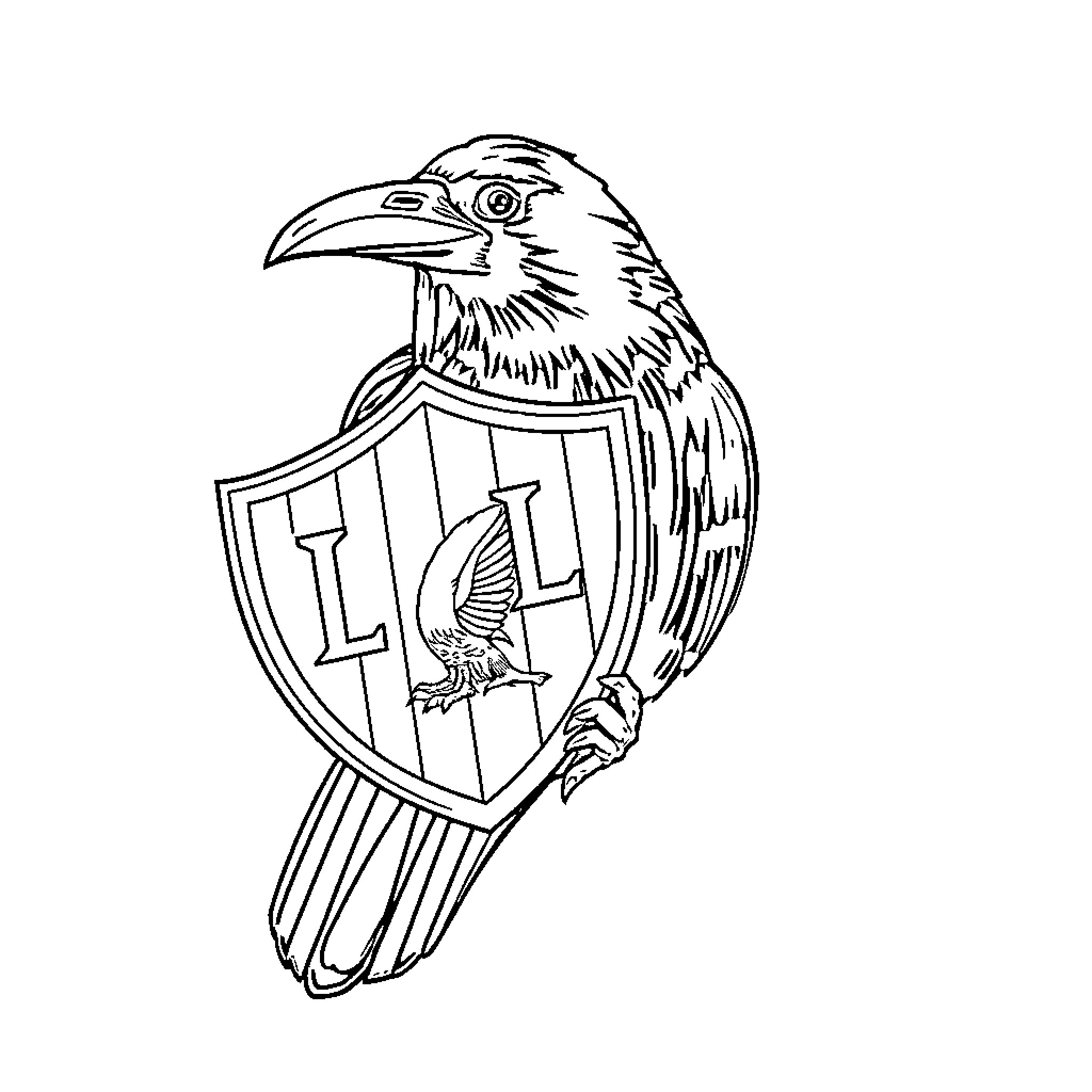 Cuervo Holding Heraldic Shield Coloring Page (free black-and-white line drawing printable PDF for all, from beginners to advanced learners, including children, teens, adults, and seniors)