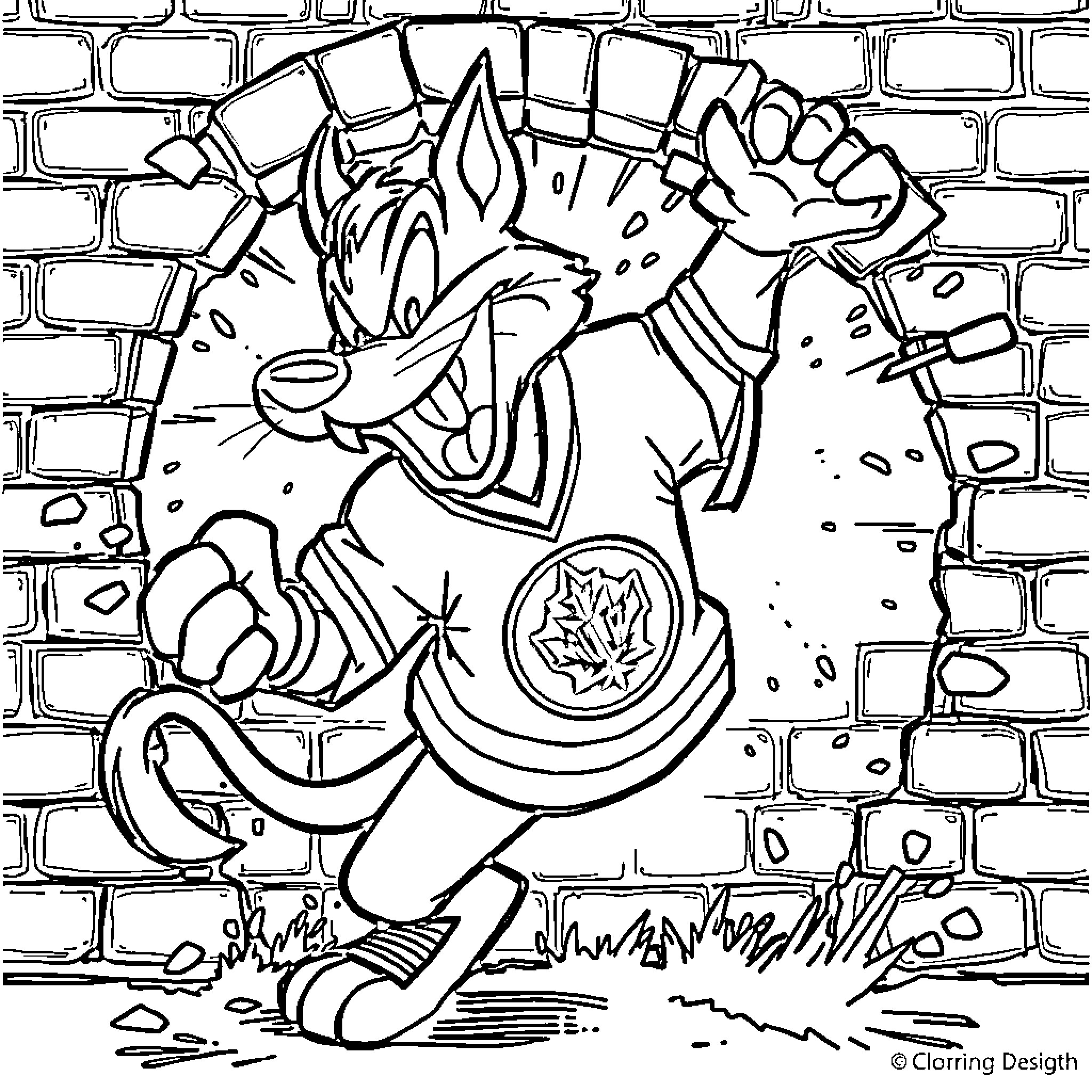 Tasmanian Devil breaking through brick wall Coloring Page (free black-and-white line drawing printable PDF for all, from beginners to advanced learners, including children, teens, adults, and seniors)