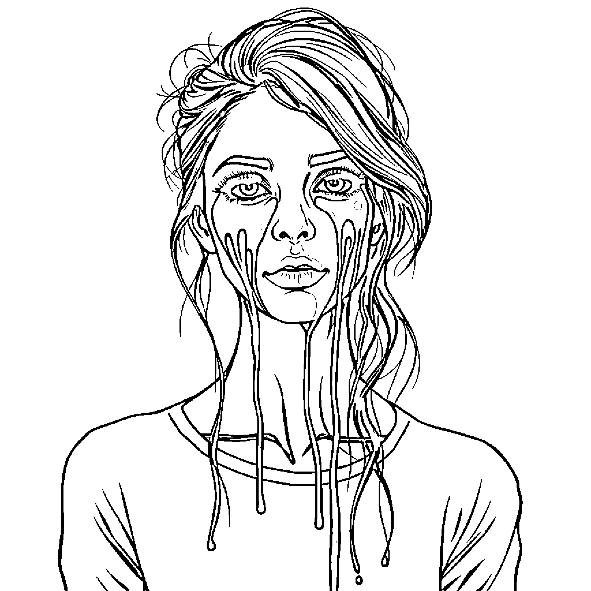 Woman with pensive expression and disheveled hair Coloring Page (free black-and-white line drawing printable PDF for all, from beginners to advanced learners, including children, teens, adults, and seniors)