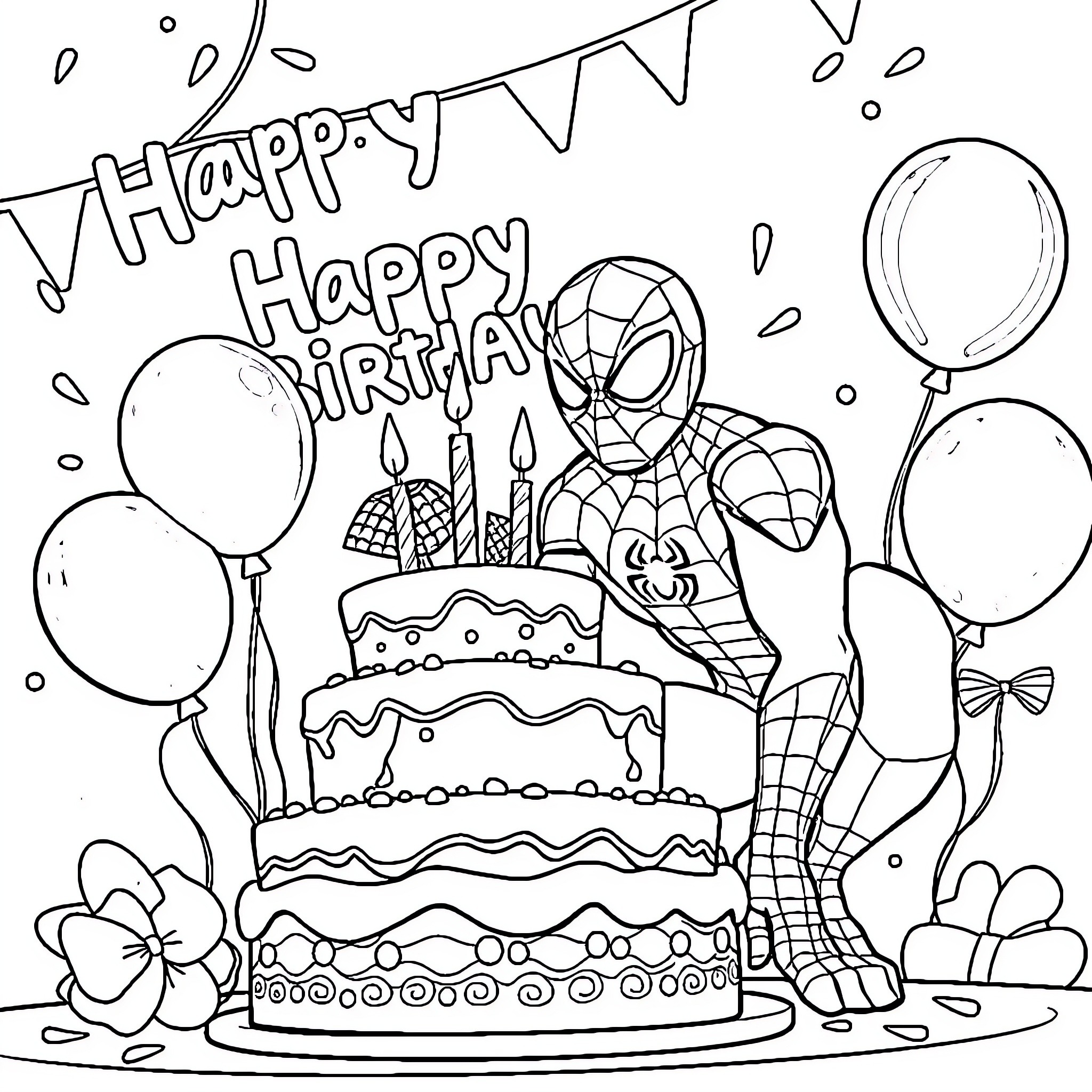 Spiderman celebrates happy birthday with cake and balloons Coloring Page (free black-and-white line drawing printable PDF for all, from beginners to advanced learners, including children, teens, adults, and seniors)