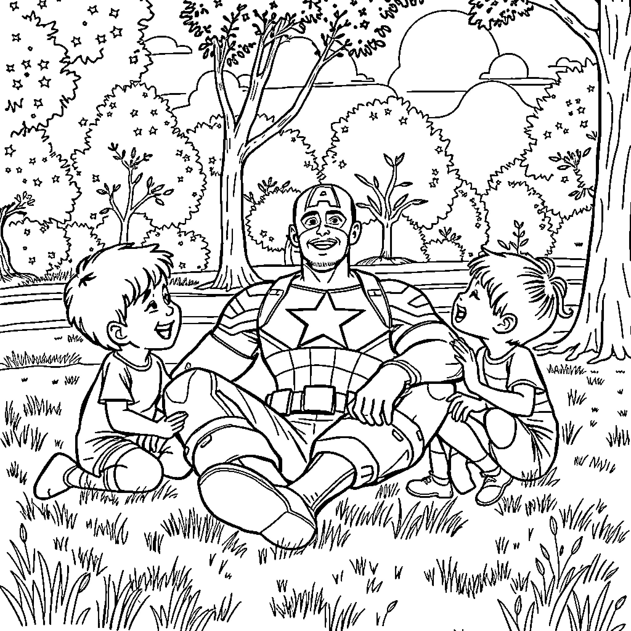 Captain America Interacts with Young Fans in Peaceful Setting Coloring Page (free black-and-white line drawing printable PDF for all, from beginners to advanced learners, including children, teens, adults, and seniors)