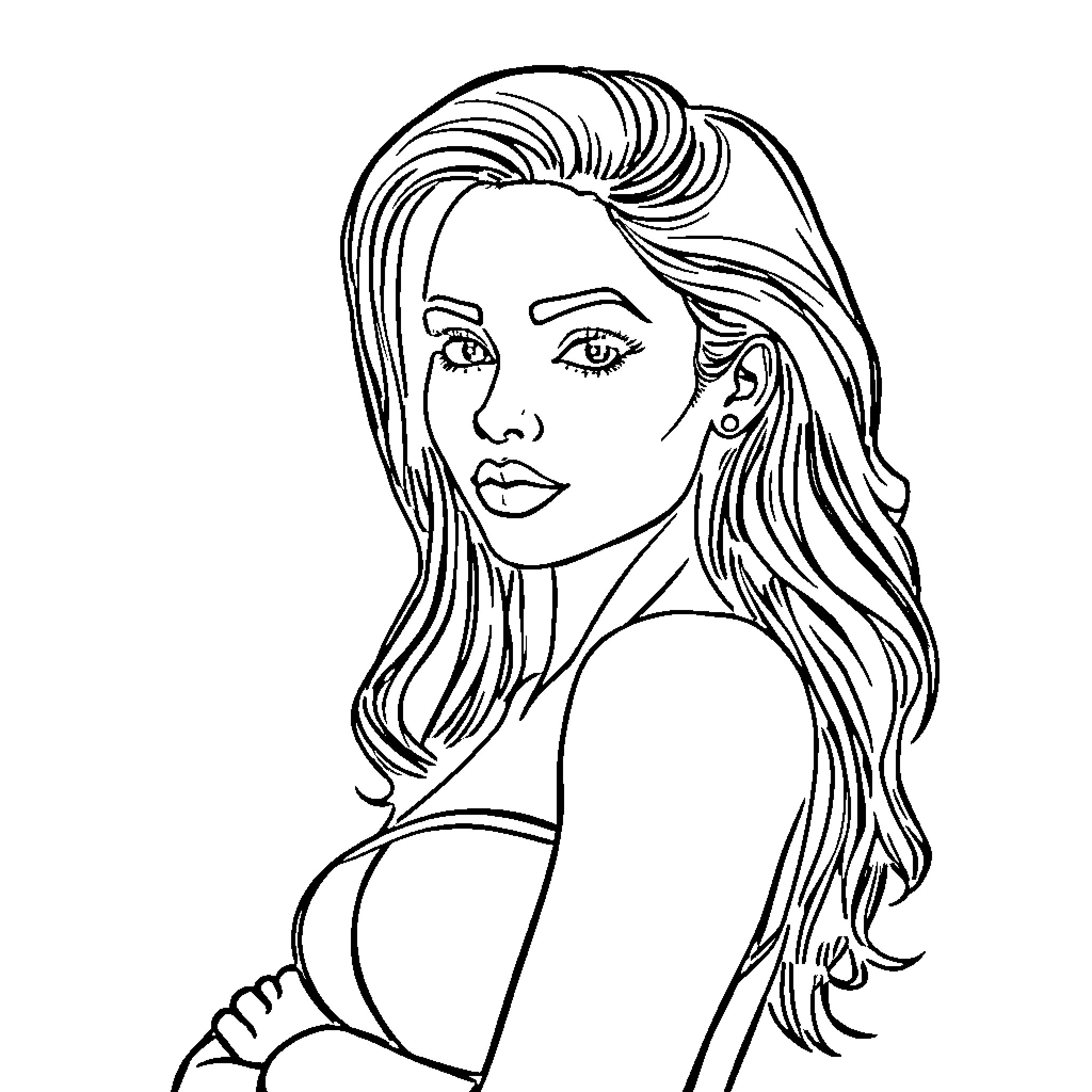 Woman with long flowing hair and pensive expression Coloring Page (free black-and-white line drawing printable PDF for all, from beginners to advanced learners, including children, teens, adults, and seniors)