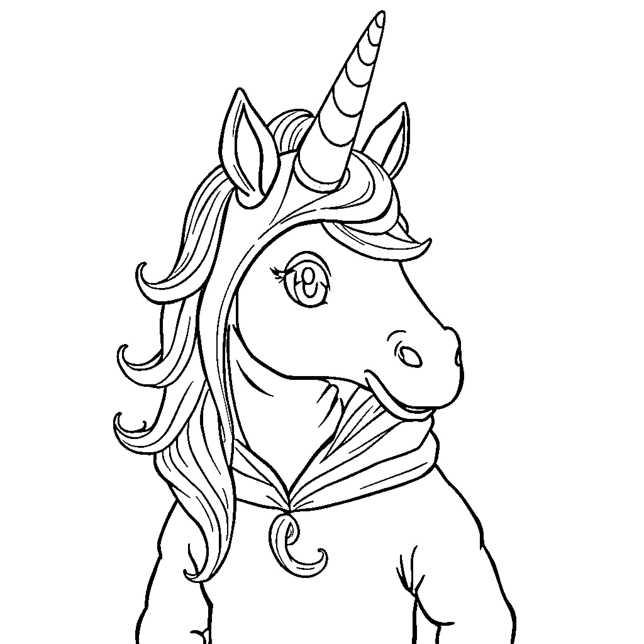 Unicorn with whimsical hairstyle Coloring Page (free black-and-white line drawing printable PDF for all, from beginners to advanced learners, including children, teens, adults, and seniors)