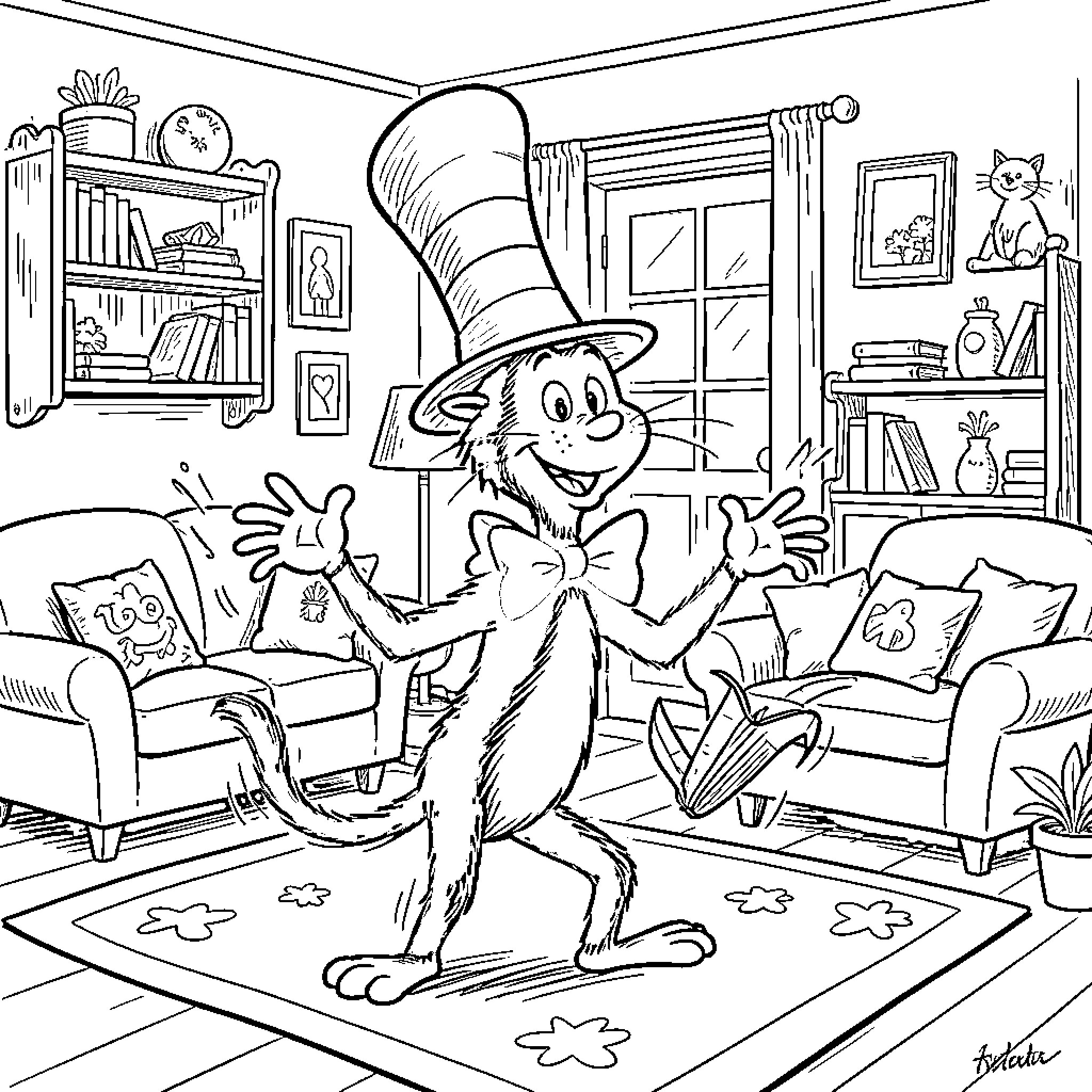 Cat in the Hat enjoying a silly dance in the living room Coloring Page (free black-and-white line drawing printable PDF for all, from beginners to advanced learners, including children, teens, adults, and seniors)