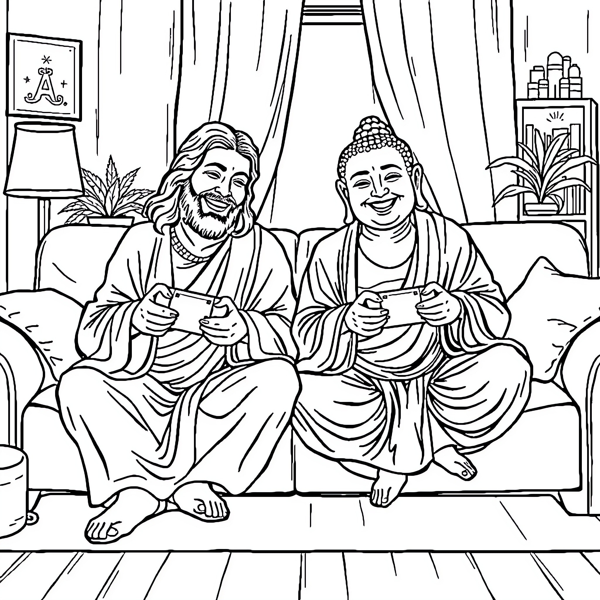 Jesus and Buddha conversing in a cozy setting Coloring Page (free black-and-white line drawing printable PDF for all, from beginners to advanced learners, including children, teens, adults, and seniors)