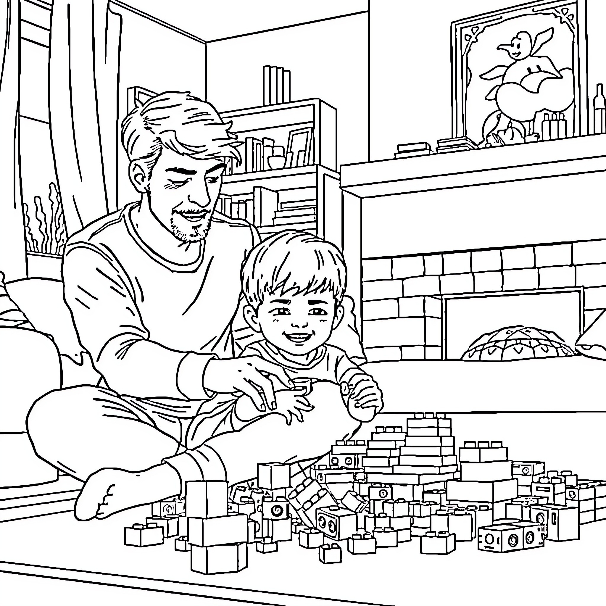 Boy Playing with Father in Cozy Living Room Coloring Page (free black-and-white line drawing printable PDF for all, from beginners to advanced learners, including children, teens, adults, and seniors)