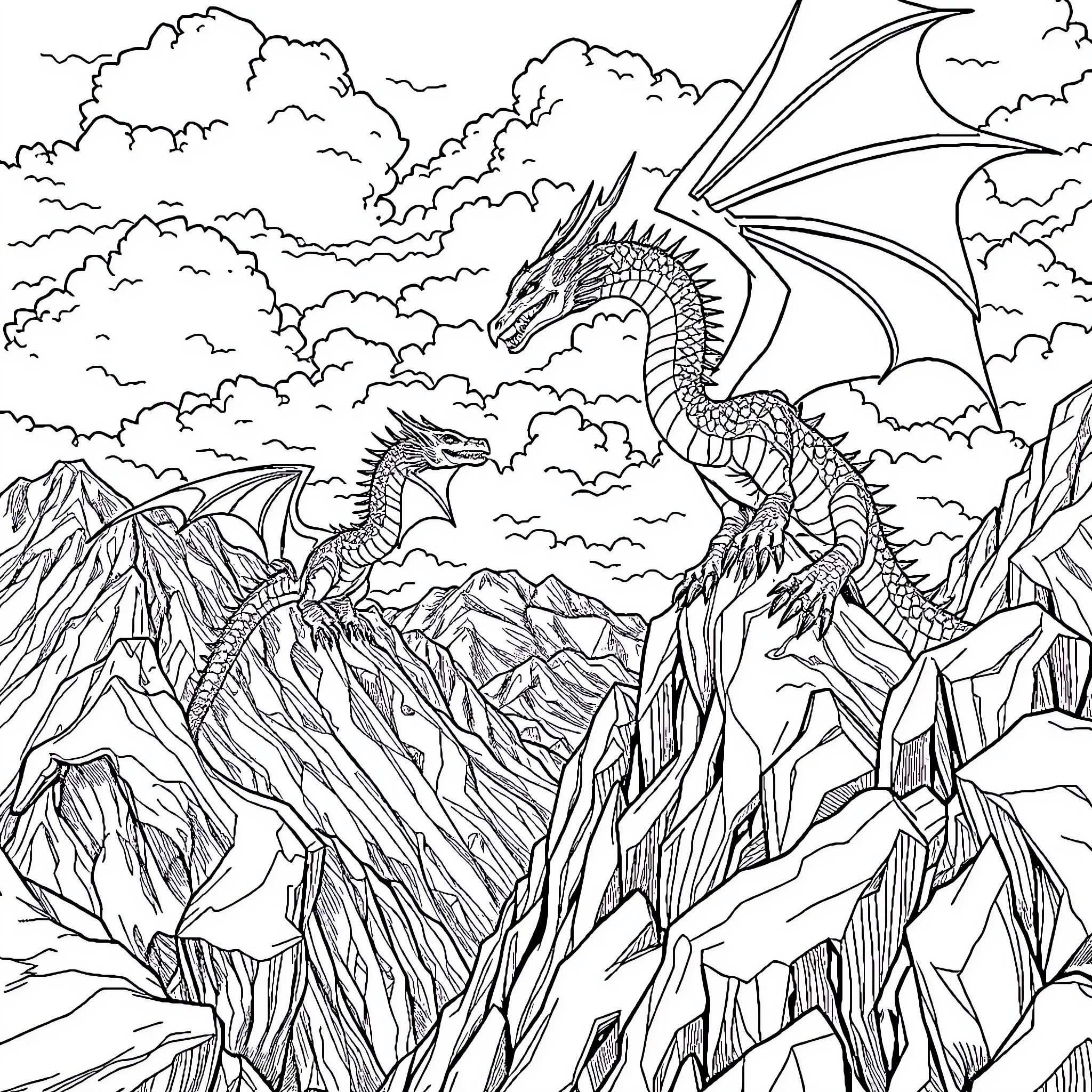 Dragon Soaring Over Rugged Mountain Landscape Coloring Page (free black-and-white line drawing printable PDF for all, from beginners to advanced learners, including children, teens, adults, and seniors)