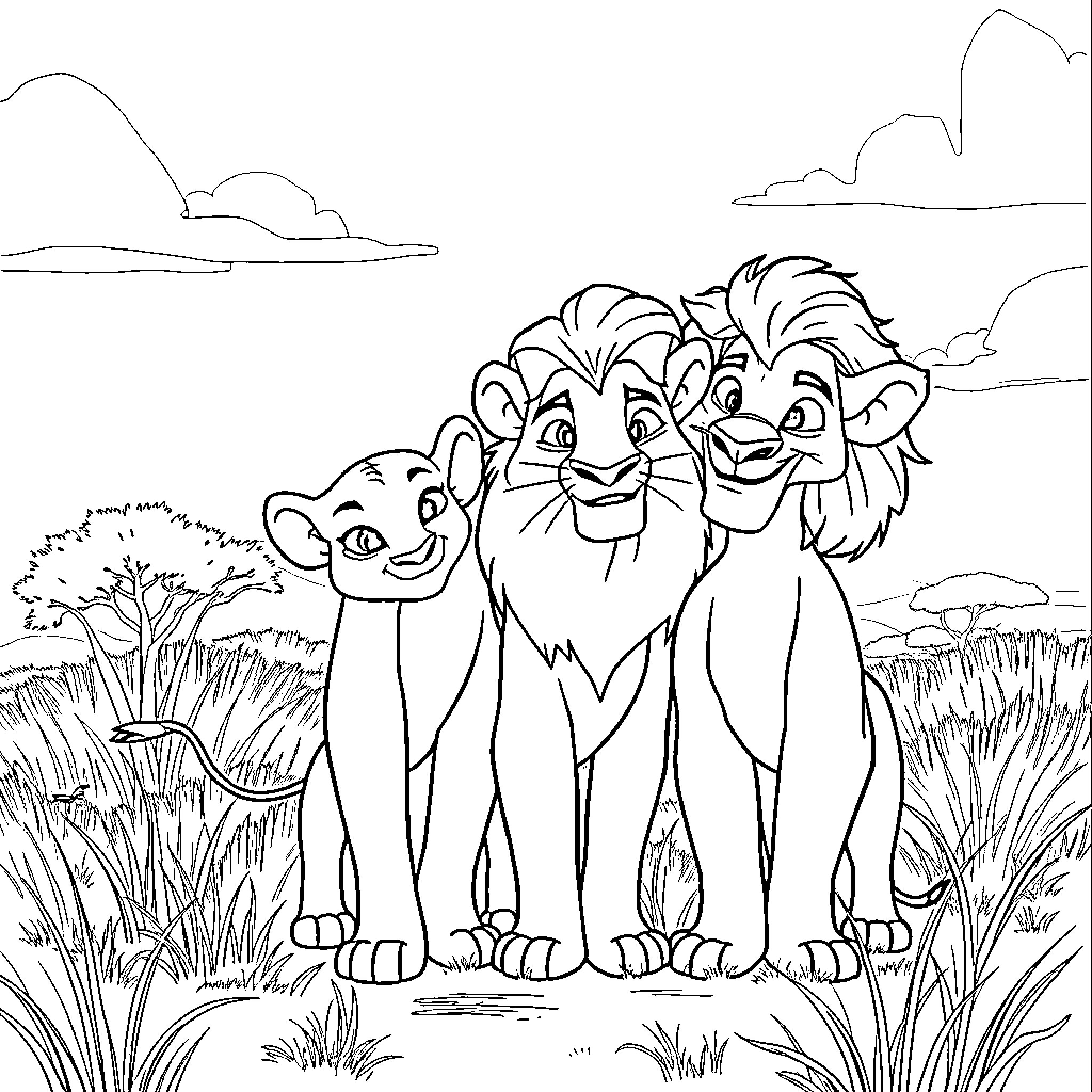 Lion siblings exploring the wilderness Coloring Page (free black-and-white line drawing printable PDF for all, from beginners to advanced learners, including children, teens, adults, and seniors)