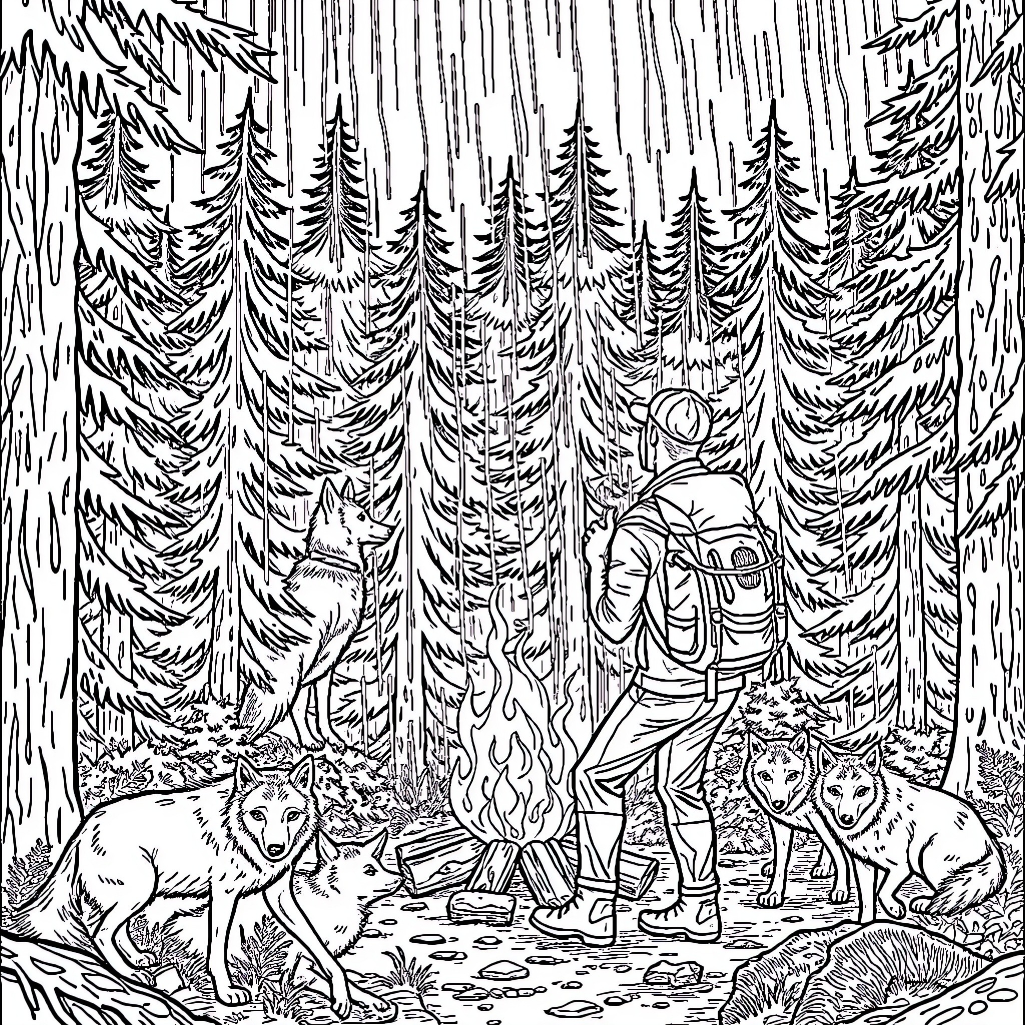 Man hiking through the mysterious forest with wolves Coloring Page (free black-and-white line drawing printable PDF for all, from beginners to advanced learners, including children, teens, adults, and seniors)