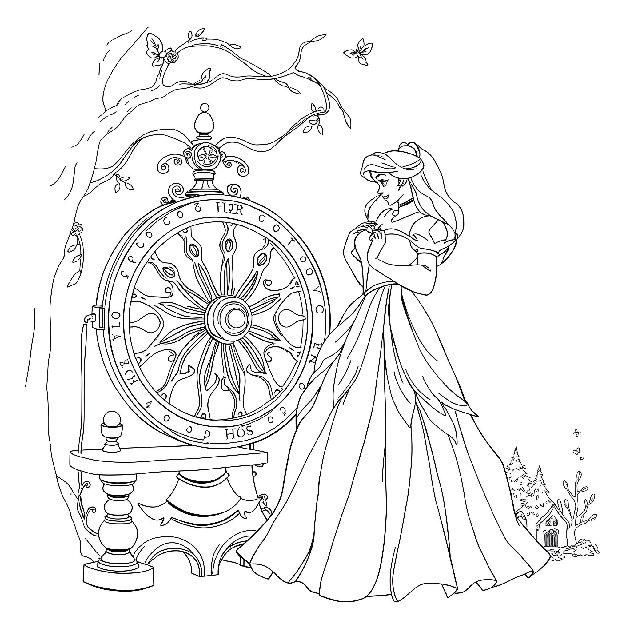Sleeping Beauty Admiring the Enchanted Clock Coloring Page (free black-and-white line drawing printable PDF for all, from beginners to advanced learners, including children, teens, adults, and seniors)