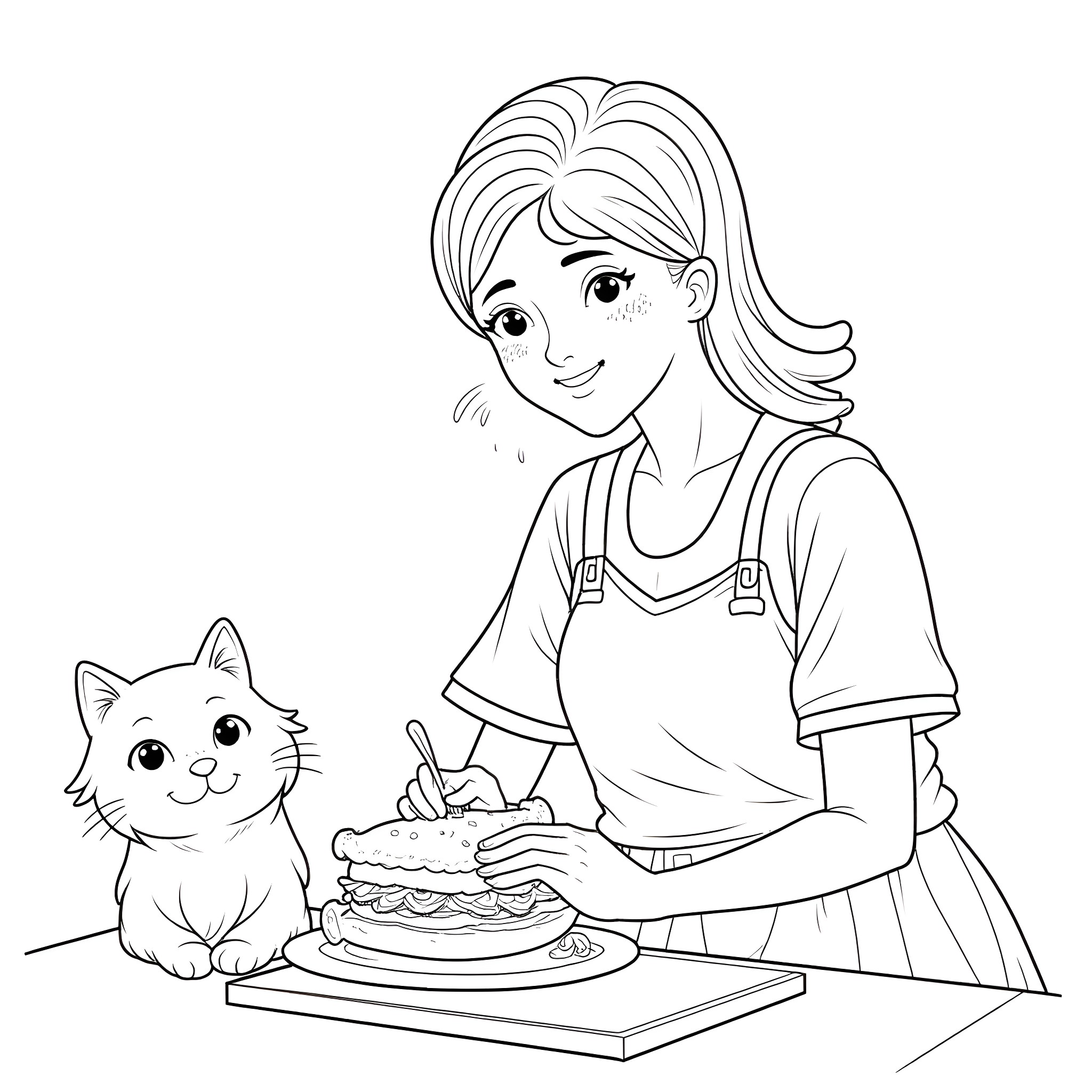 Lady Baking Treats with Her Feline Friend Coloring Page (free black-and-white line drawing printable PDF for all, from beginners to advanced learners, including children, teens, adults, and seniors)