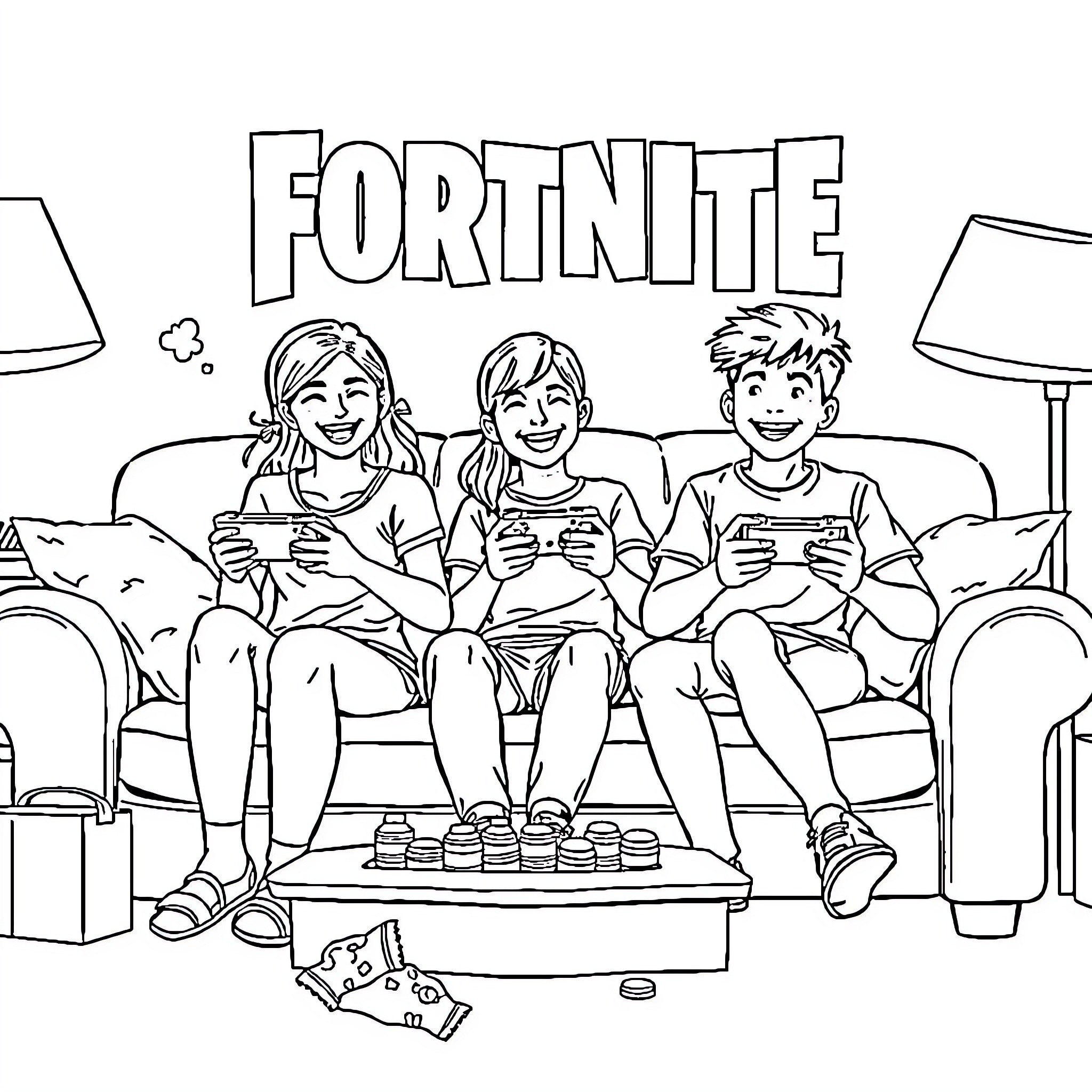 Child friends enjoying Fortnite on gaming console Coloring Page (free black-and-white line drawing printable PDF for all, from beginners to advanced learners, including children, teens, adults, and seniors)