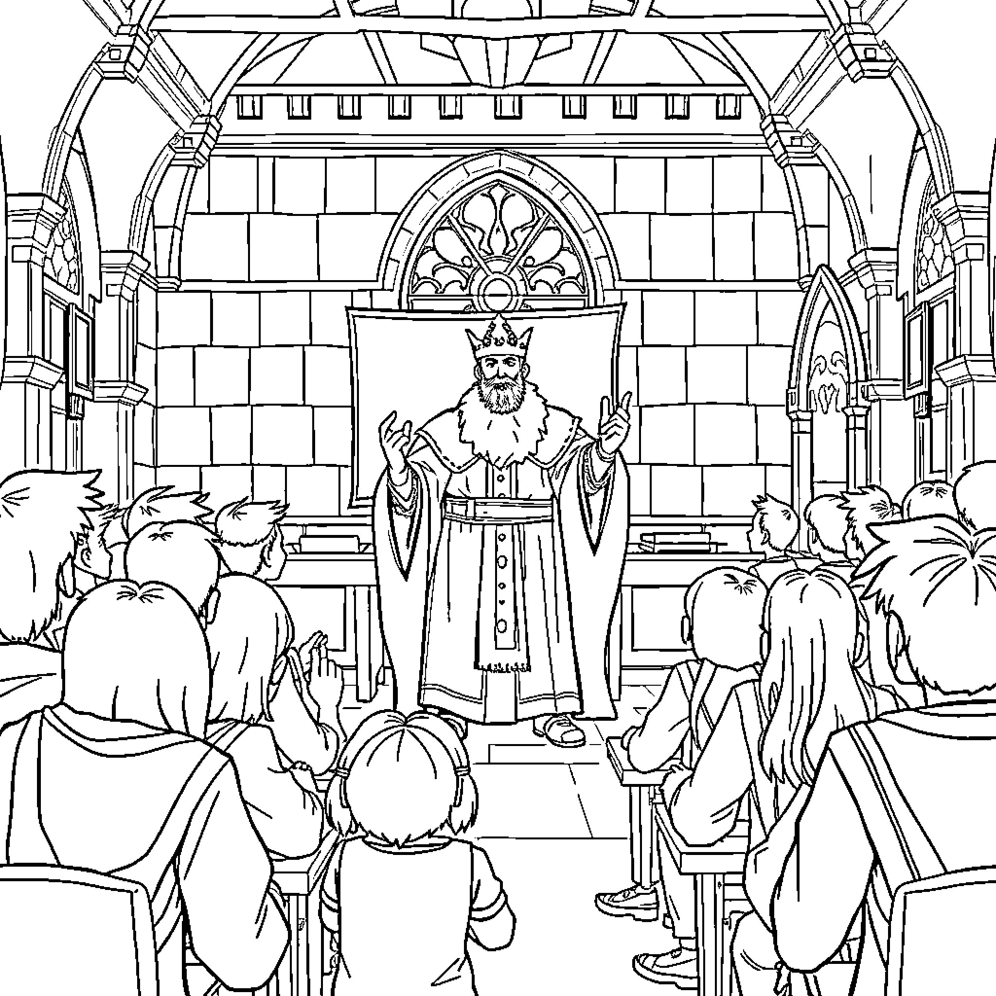 King addressing the crowd in royal hall Coloring Page (free black-and-white line drawing printable PDF for all, from beginners to advanced learners, including children, teens, adults, and seniors)