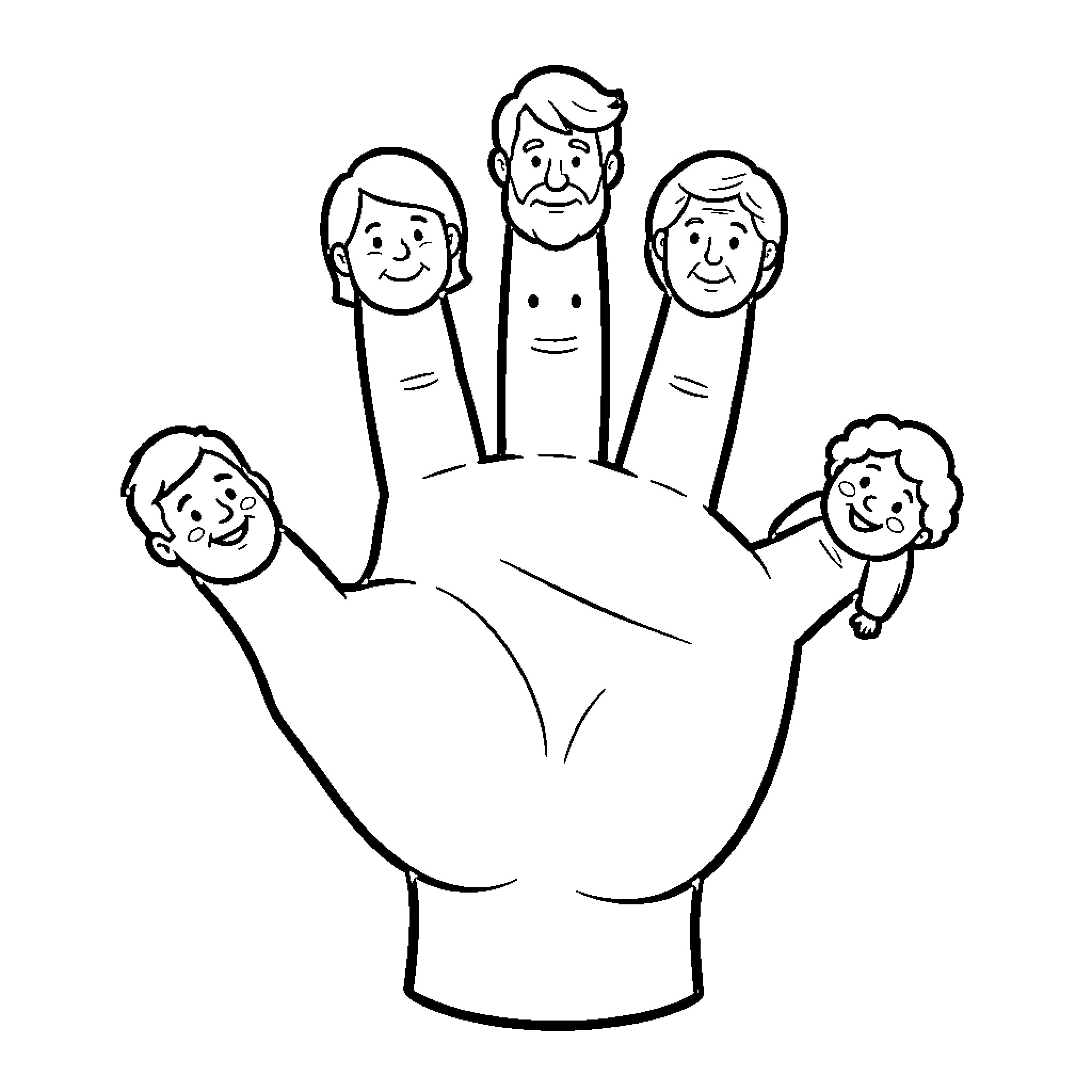 Hand with smiling finger puppets of a family Coloring Page (free black-and-white line drawing printable PDF for all, from beginners to advanced learners, including children, teens, adults, and seniors)