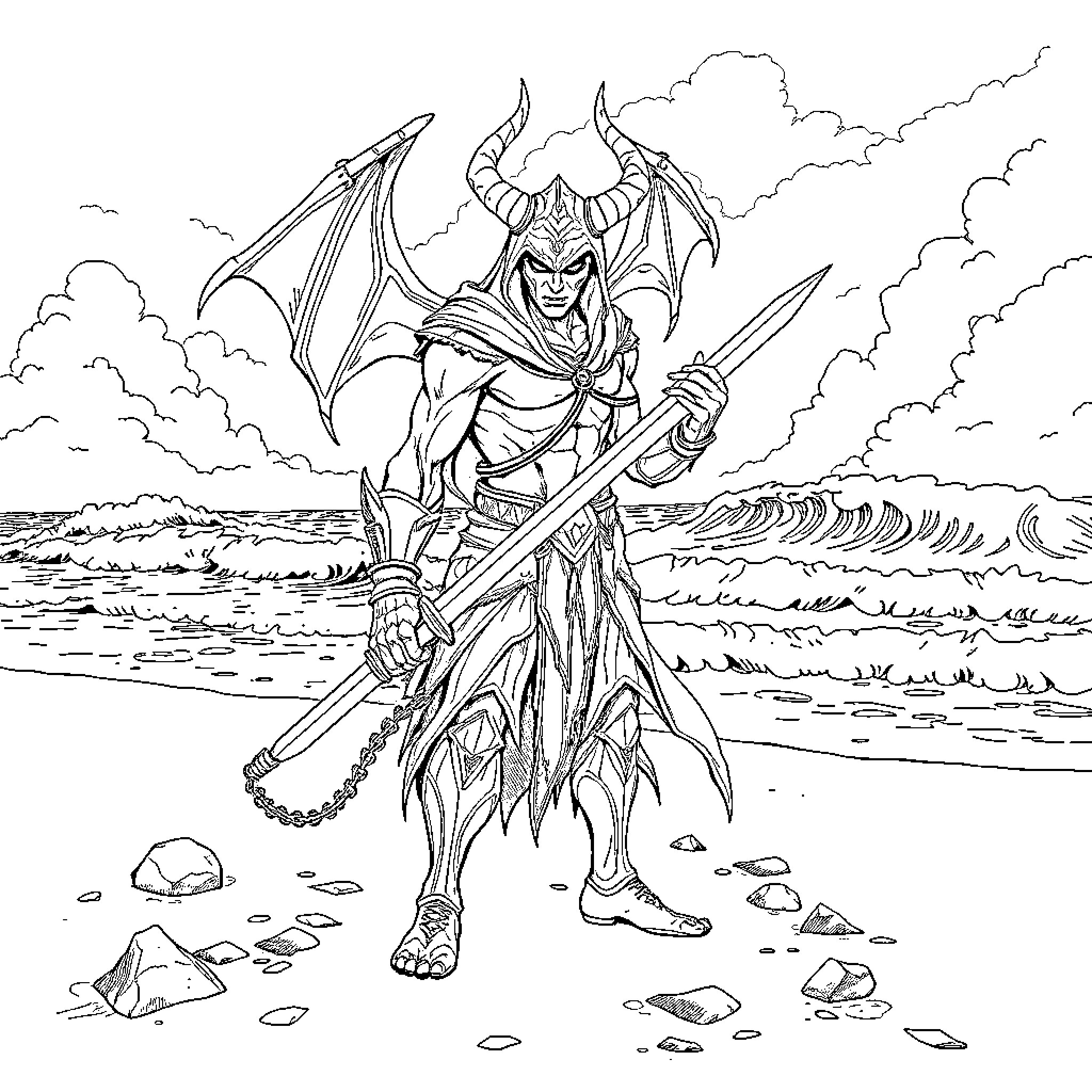 Demonslayer wielding a sword on the beach Coloring Page (free black-and-white line drawing printable PDF for all, from beginners to advanced learners, including children, teens, adults, and seniors)