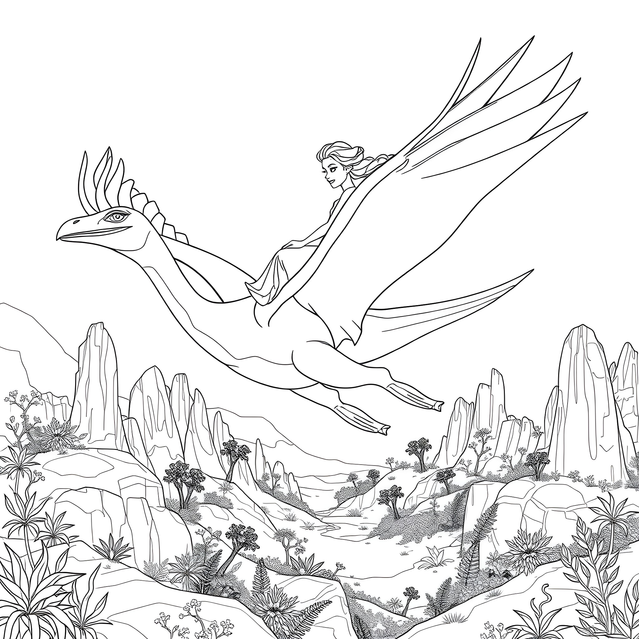 Elsa riding a magical dragon through a fantastical landscape Coloring Page (free black-and-white line drawing printable PDF for all, from beginners to advanced learners, including children, teens, adults, and seniors)
