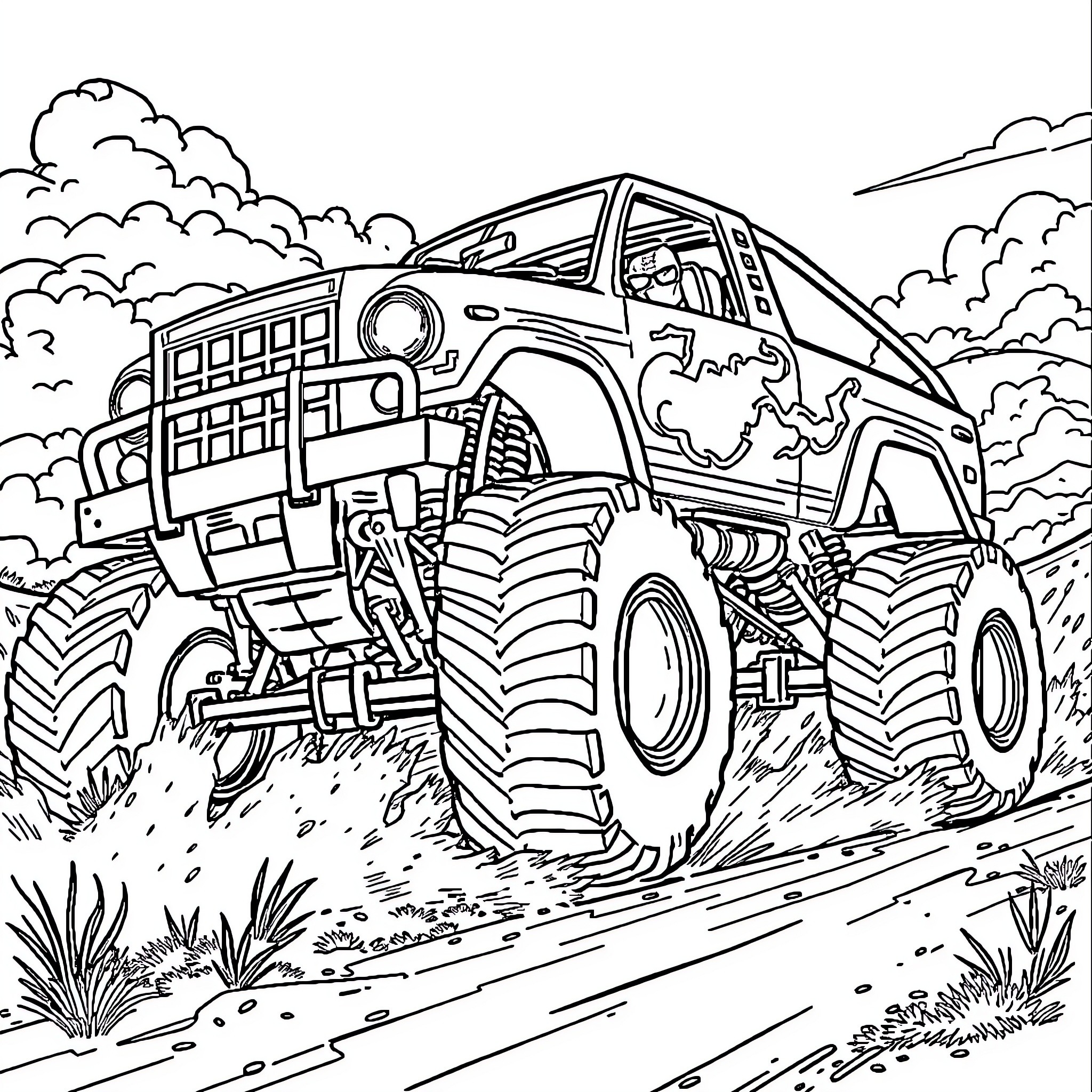 Spiderman driving an off-road monster truck through the outdoors Coloring Page (free black-and-white line drawing printable PDF for all, from beginners to advanced learners, including children, teens, adults, and seniors)