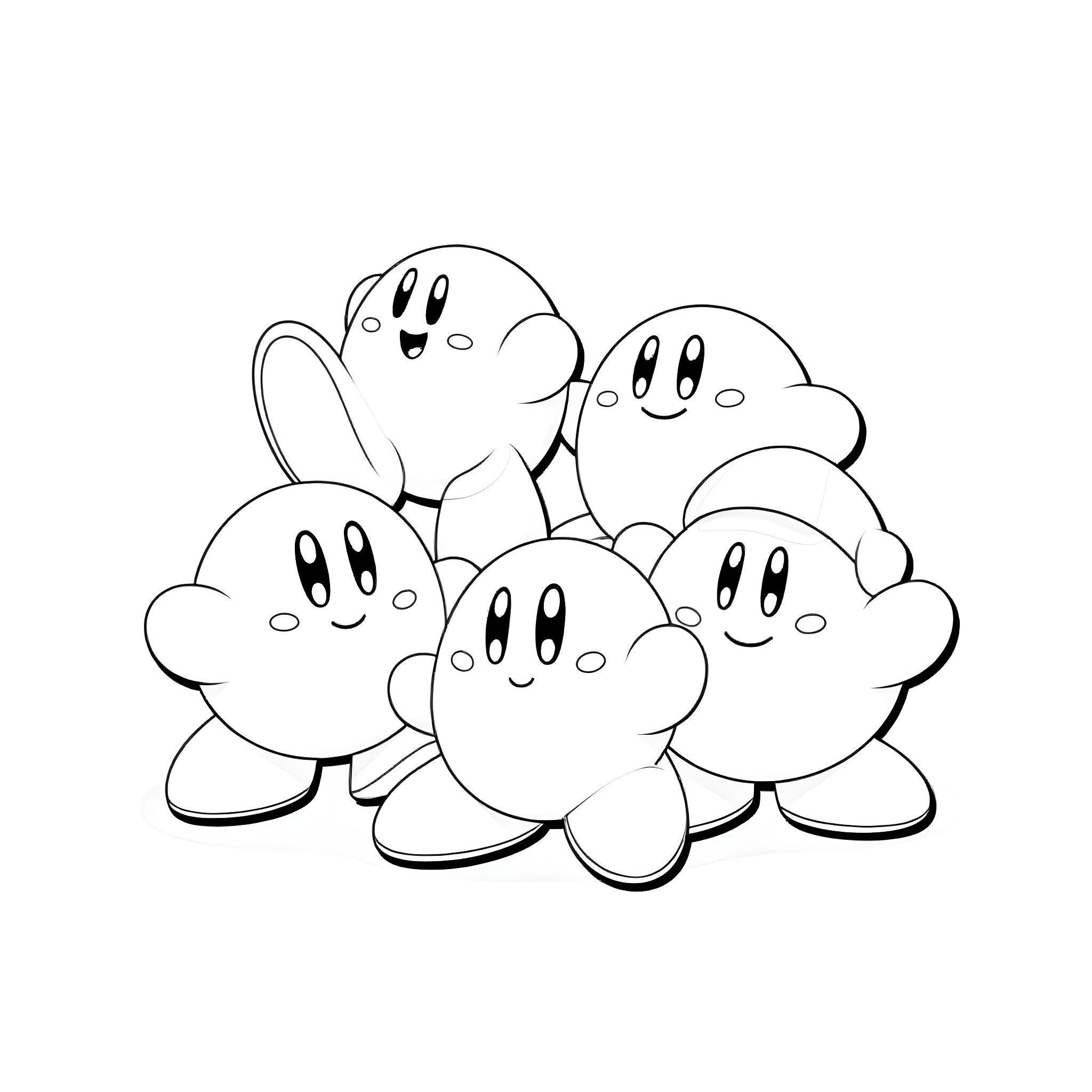 Kirby and friends in a happy gathering Coloring Page (free black-and-white line drawing printable PDF for all, from beginners to advanced learners, including children, teens, adults, and seniors)