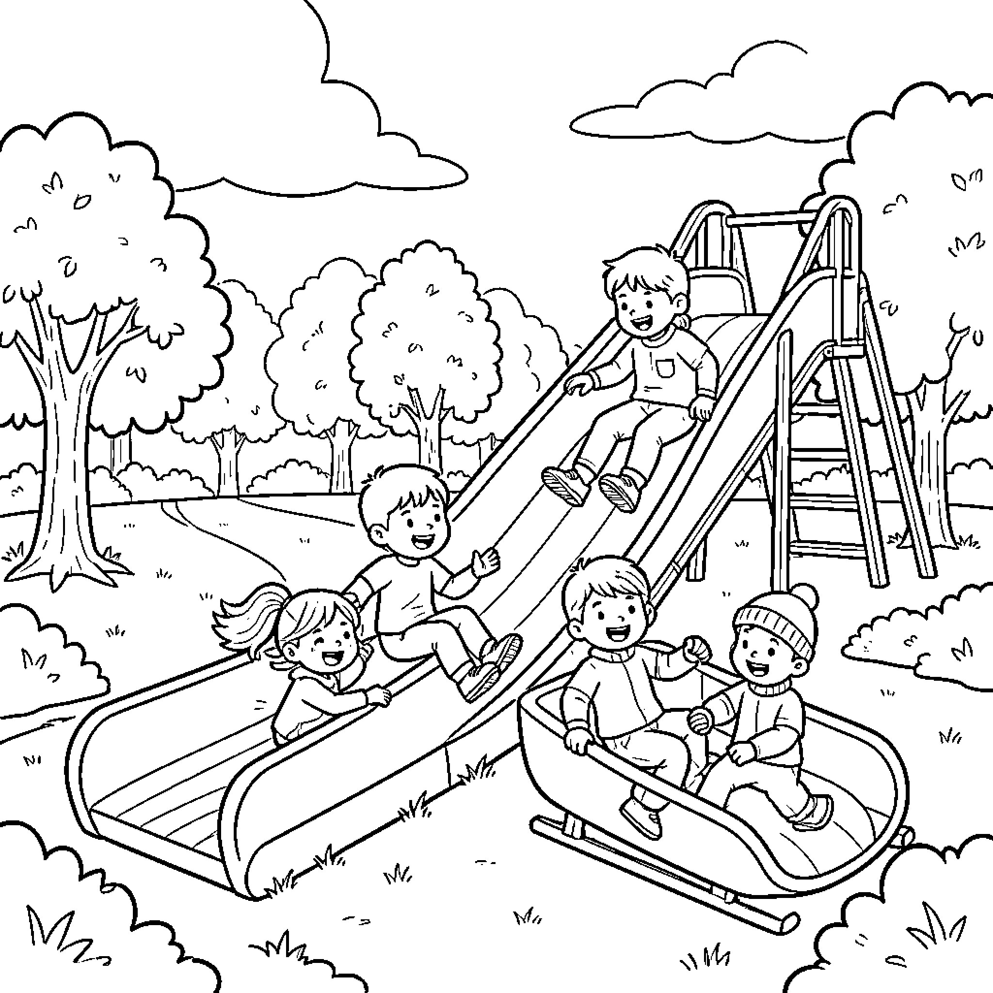 Toboggan and children playing joyfully on playground equipment Coloring Page (free black-and-white line drawing printable PDF for all, from beginners to advanced learners, including children, teens, adults, and seniors)