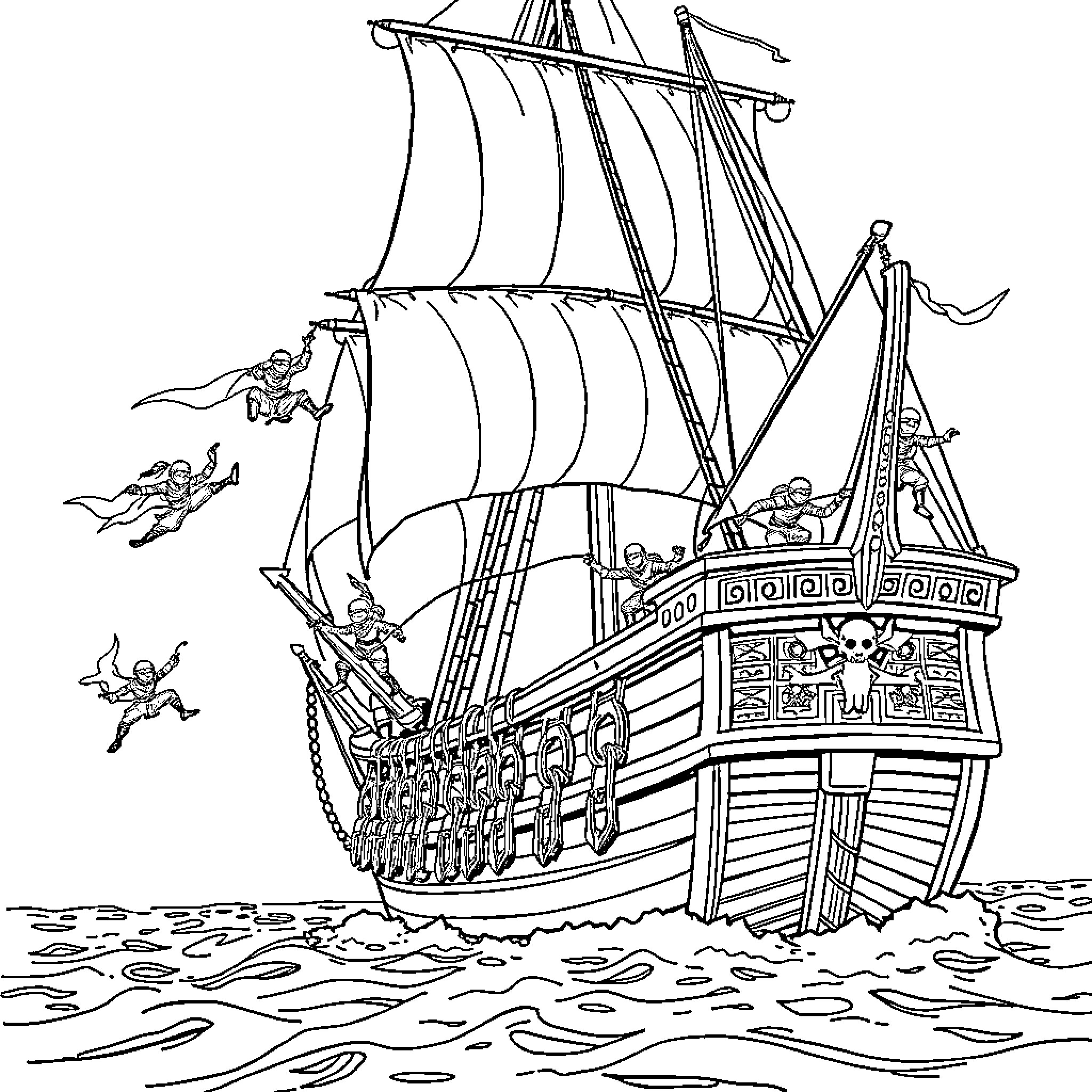 Ninja crew sailing the high seas on a pirate ship Coloring Page (free black-and-white line drawing printable PDF for all, from beginners to advanced learners, including children, teens, adults, and seniors)