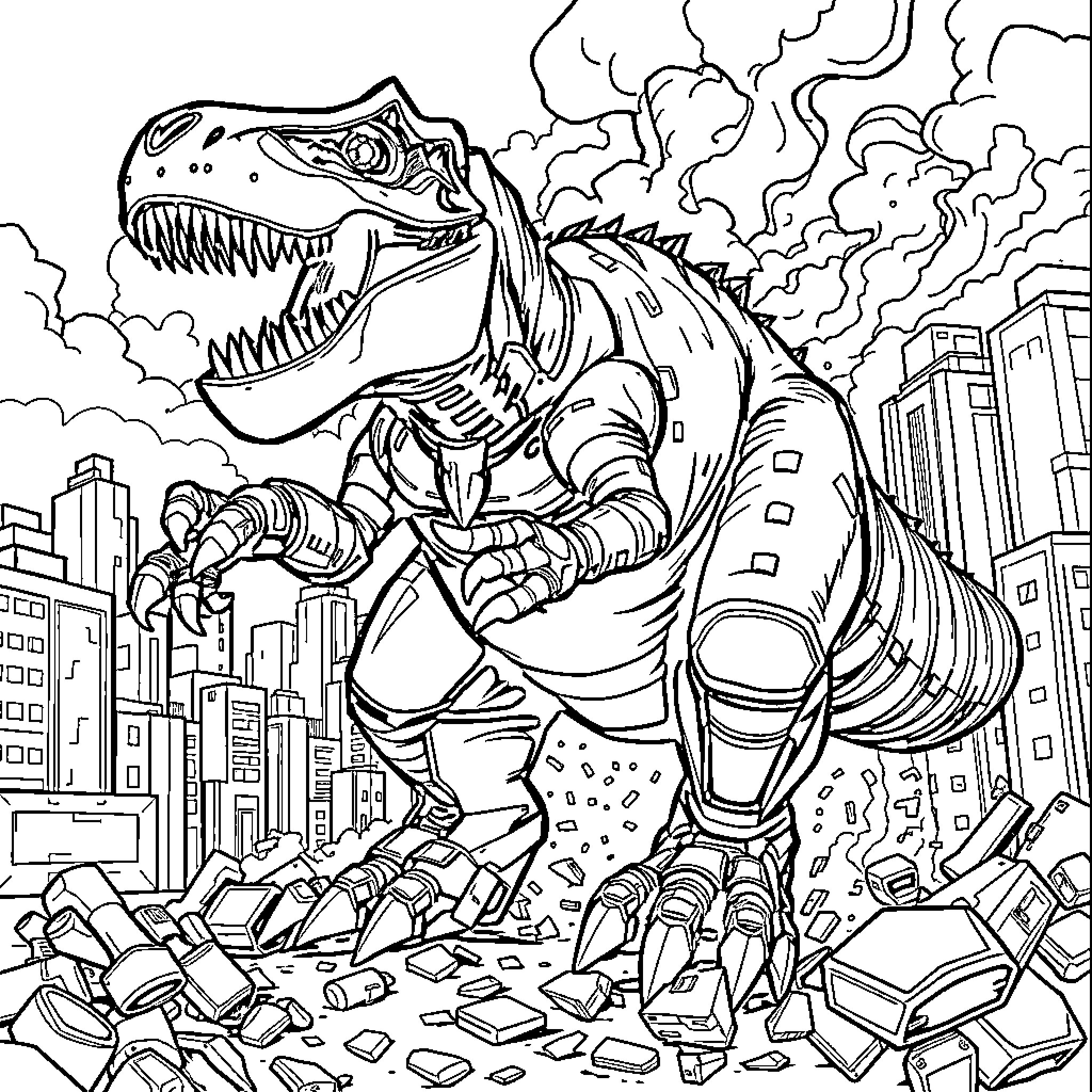 T-Rex Unleashing Destruction in the City Coloring Page (free black-and-white line drawing printable PDF for all, from beginners to advanced learners, including children, teens, adults, and seniors)