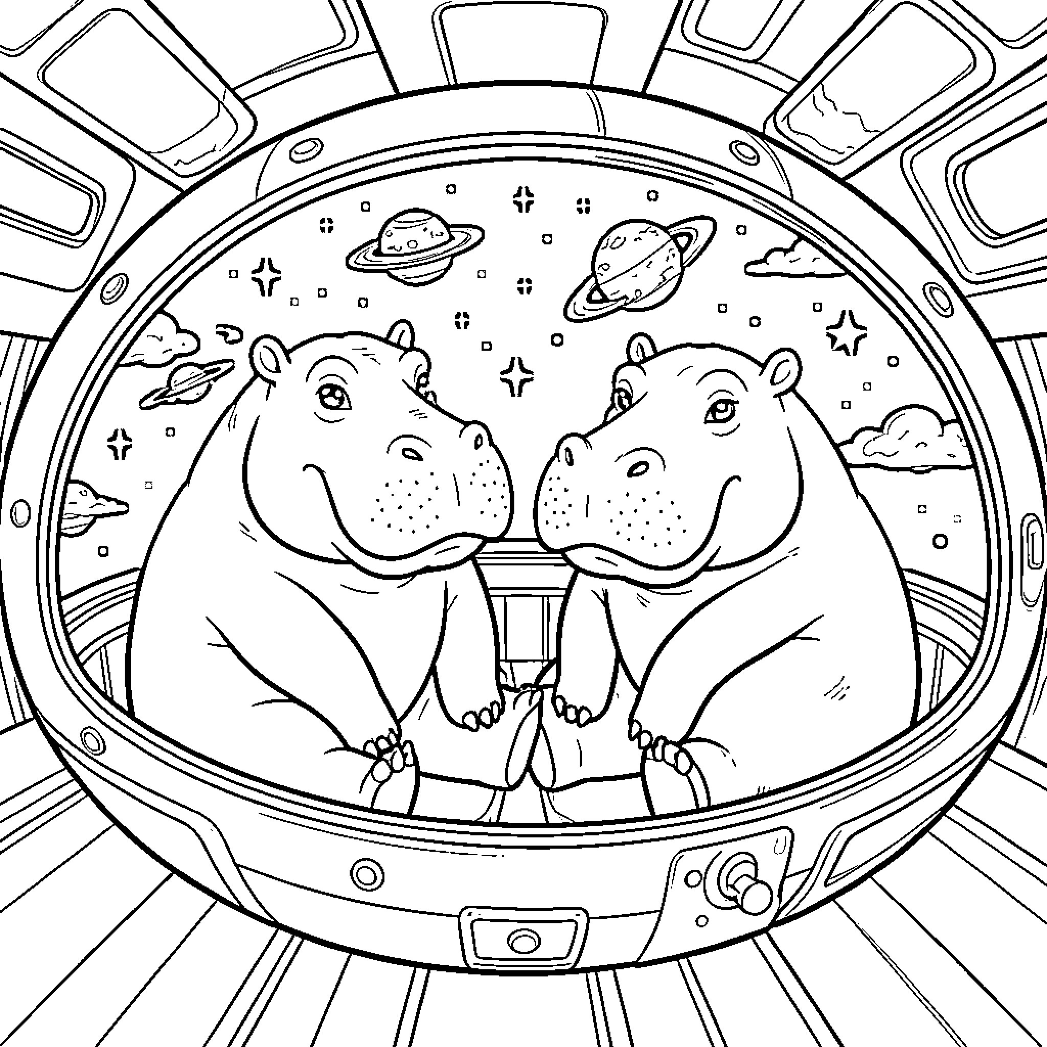 Hippo astronauts exploring the cosmos in a spacecraft Coloring Page (free black-and-white line drawing printable PDF for all, from beginners to advanced learners, including children, teens, adults, and seniors)