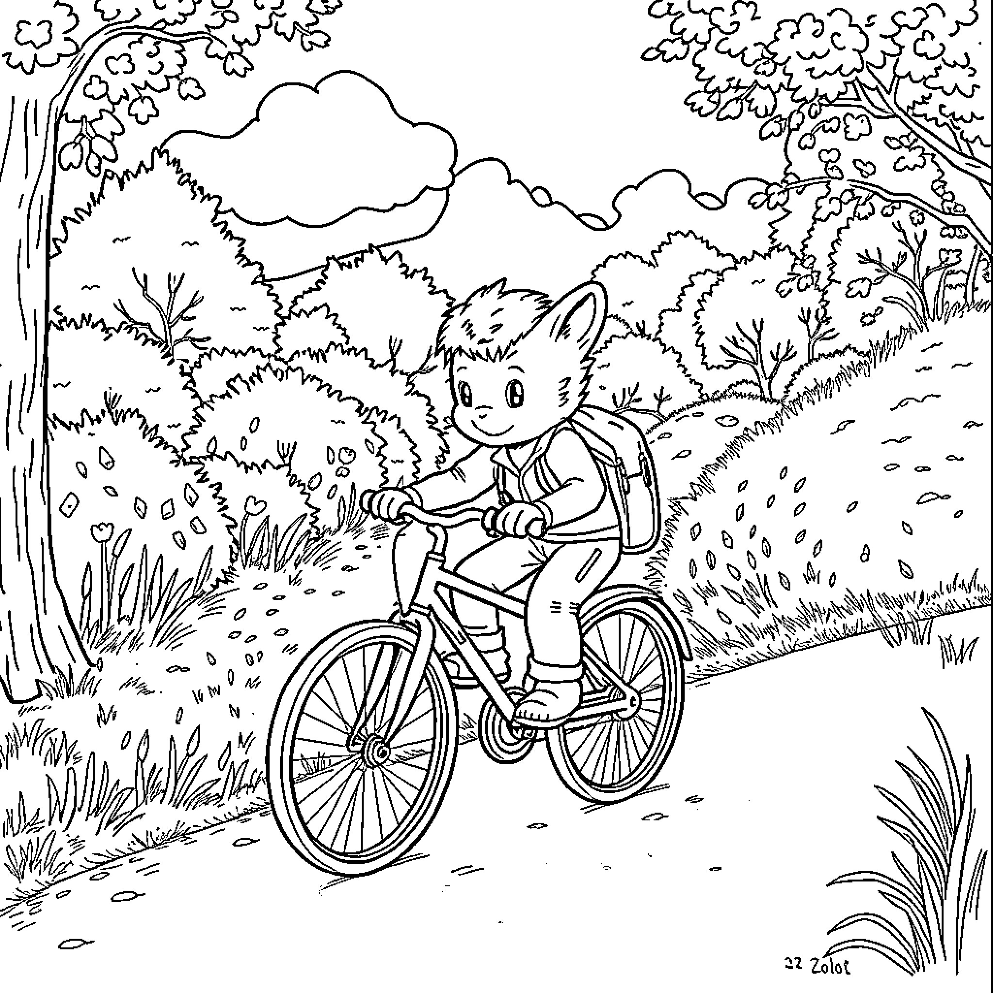 Hedgehog riding a bicycle through a forest Coloring Page (free black-and-white line drawing printable PDF for all, from beginners to advanced learners, including children, teens, adults, and seniors)