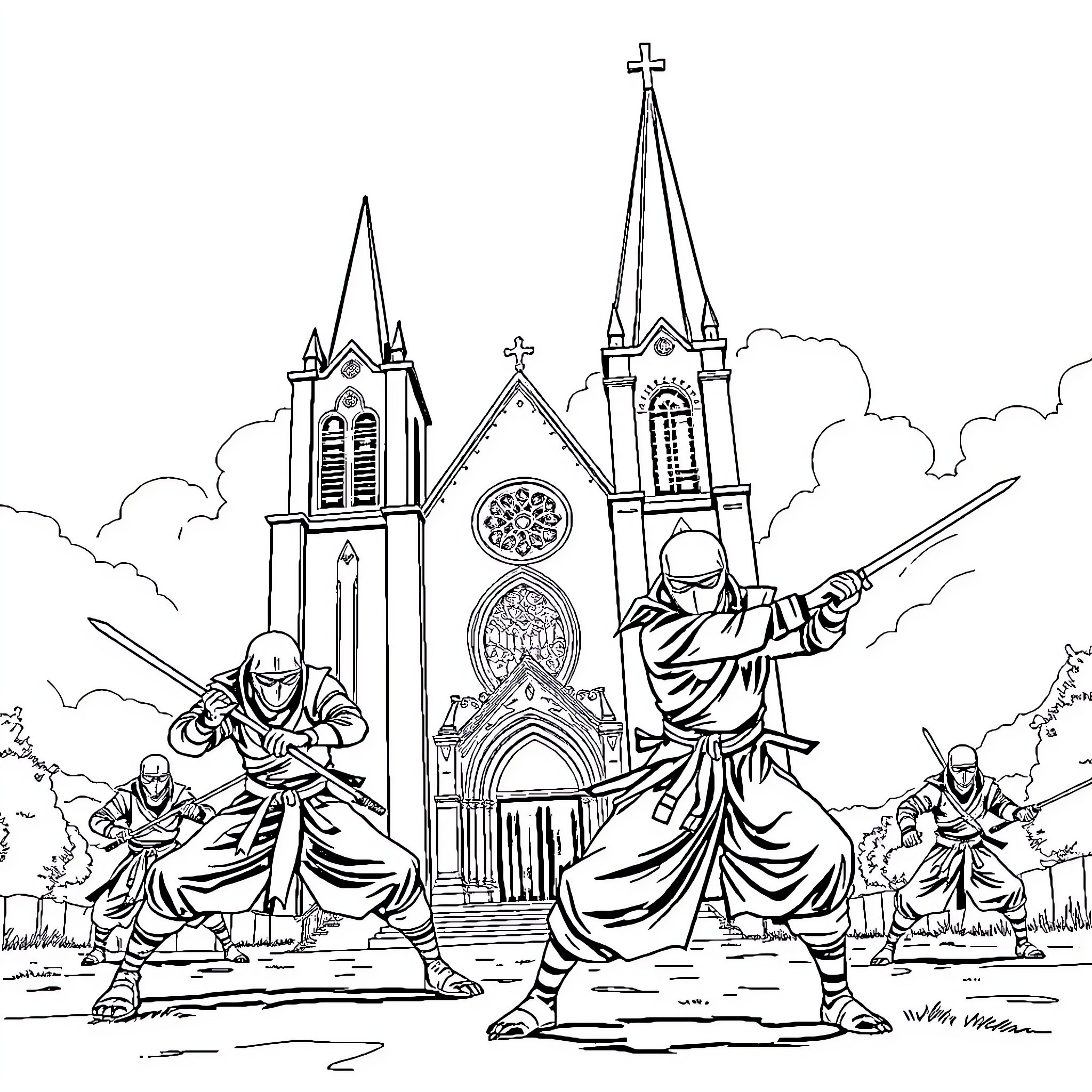 Ninjago Warriors Defend Ancient Cathedral Coloring Page (free black-and-white line drawing printable PDF for all, from beginners to advanced learners, including children, teens, adults, and seniors)