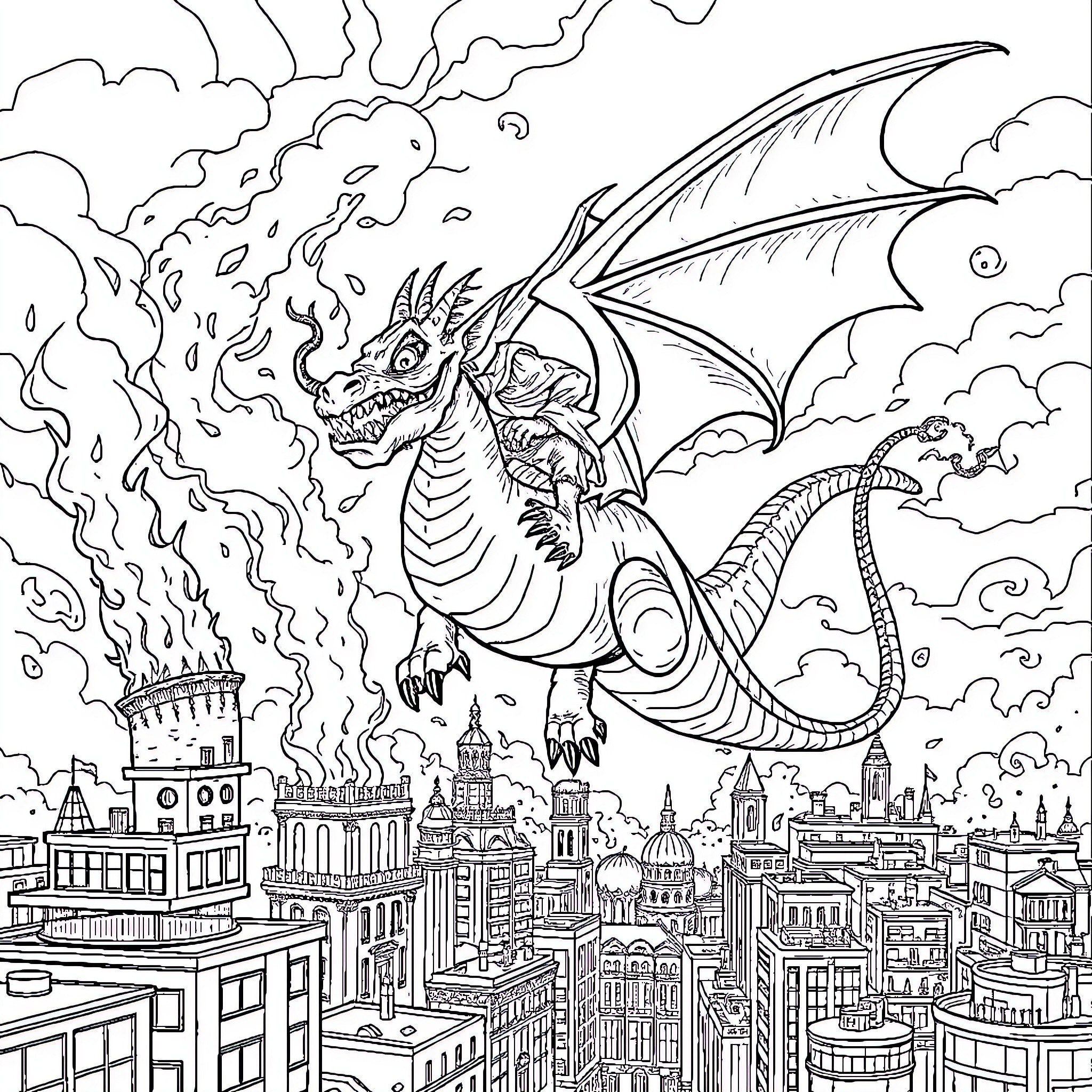Goblin Dragon Rampaging Over Cityscape Coloring Page (free black-and-white line drawing printable PDF for all, from beginners to advanced learners, including children, teens, adults, and seniors)