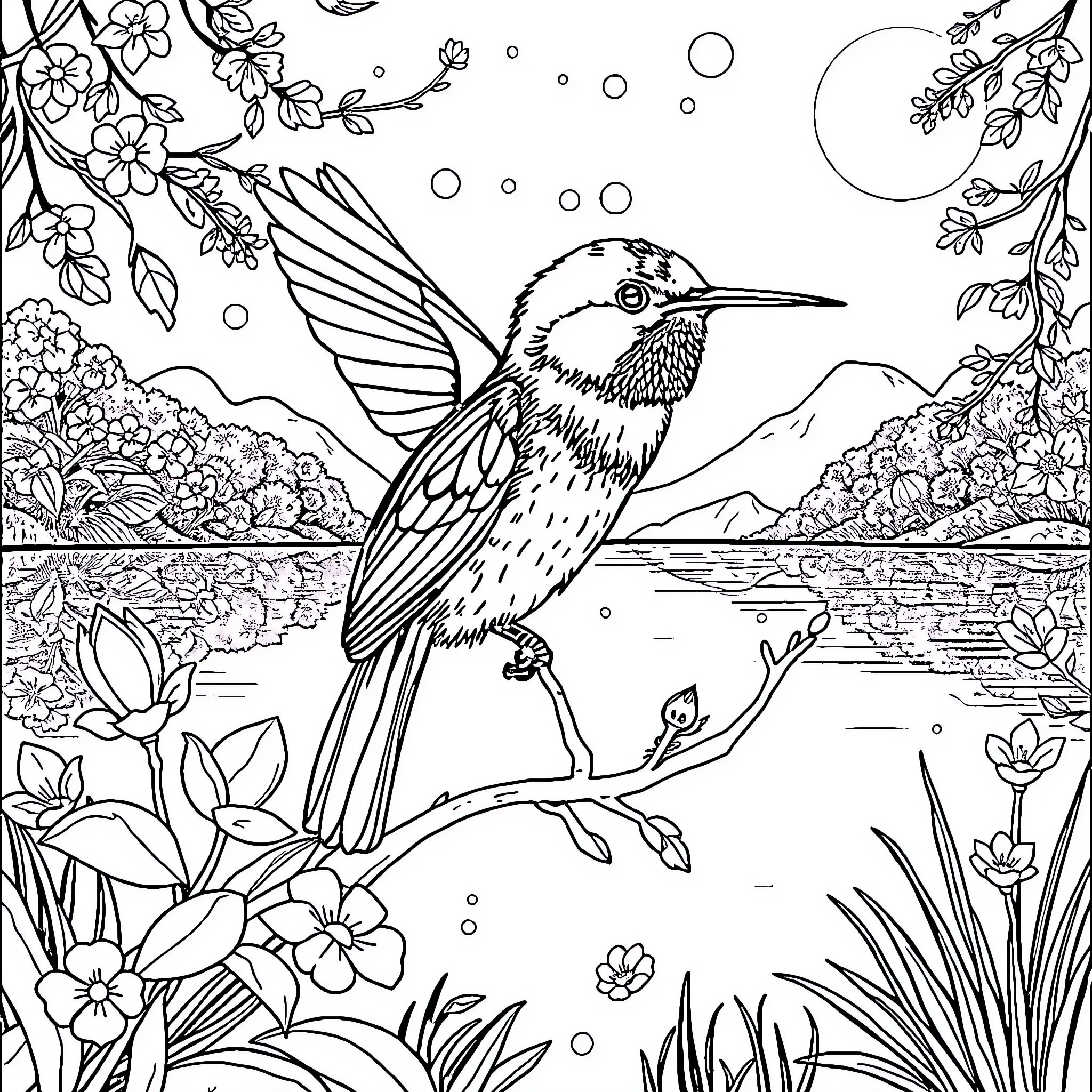 Hummingbird perched amidst blooming flowers and moonlit landscape Coloring Page (free black-and-white line drawing printable PDF for all, from beginners to advanced learners, including children, teens, adults, and seniors)