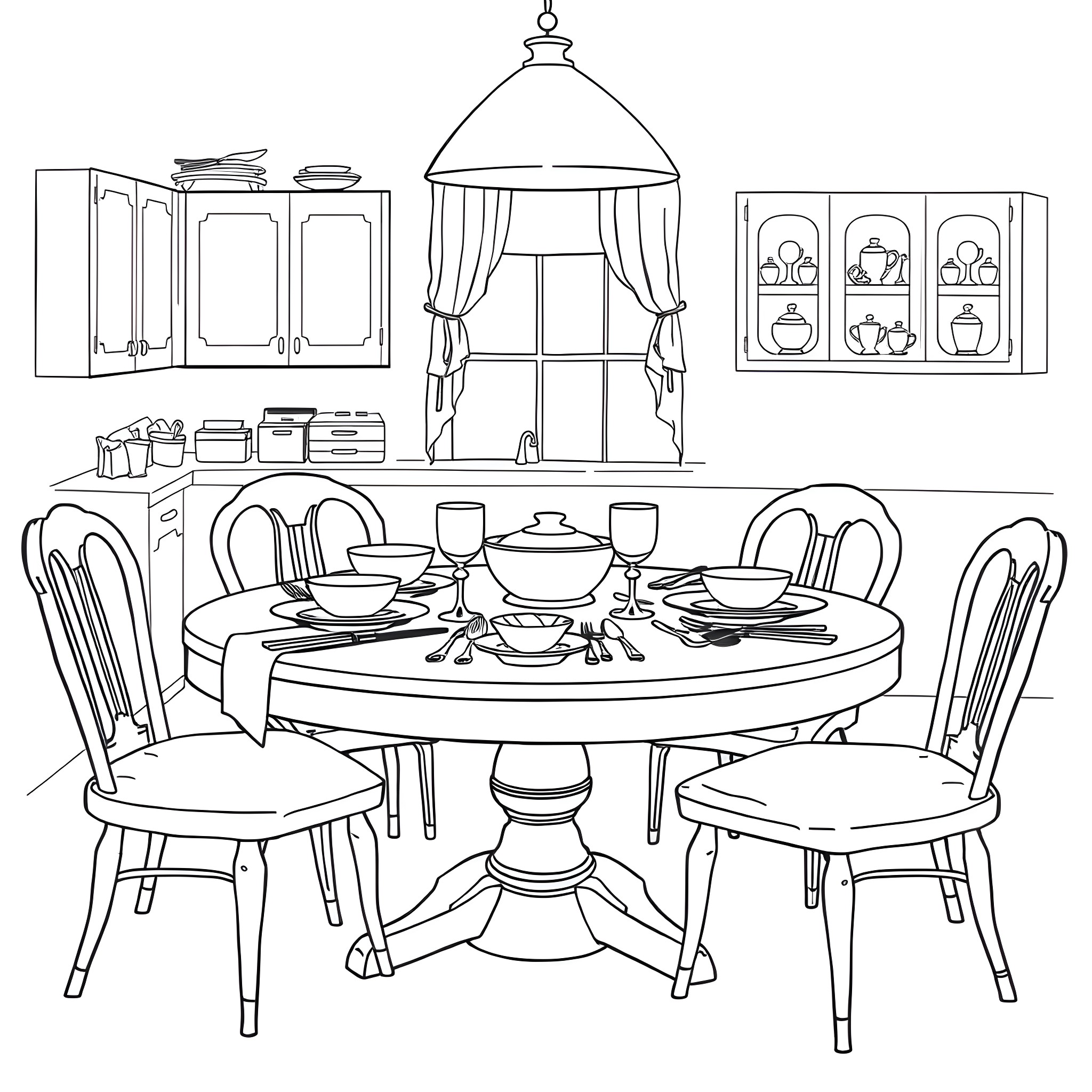 Table set for a formal dining scene Coloring Page (free black-and-white line drawing printable PDF for all, from beginners to advanced learners, including children, teens, adults, and seniors)
