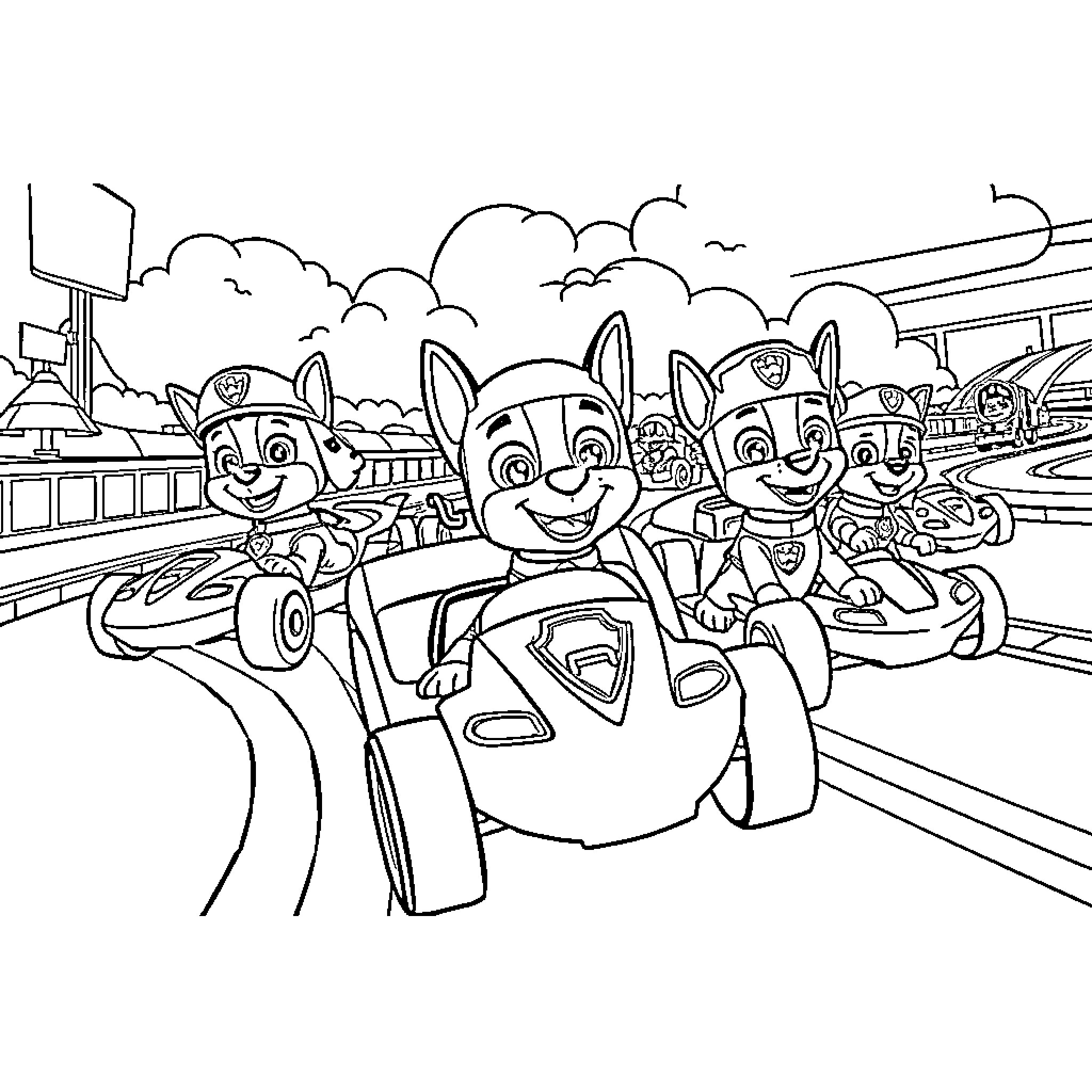 Paw Patrol Enjoying a Thrilling Ride Coloring Page (free black-and-white line drawing printable PDF for all, from beginners to advanced learners, including children, teens, adults, and seniors)