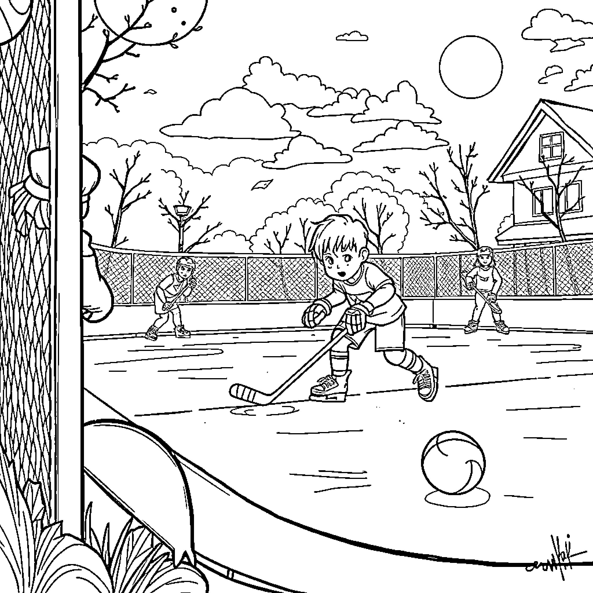 Sawyer's Outdoor Hockey Adventure Coloring Page (free black-and-white line drawing printable PDF for all, from beginners to advanced learners, including children, teens, adults, and seniors)