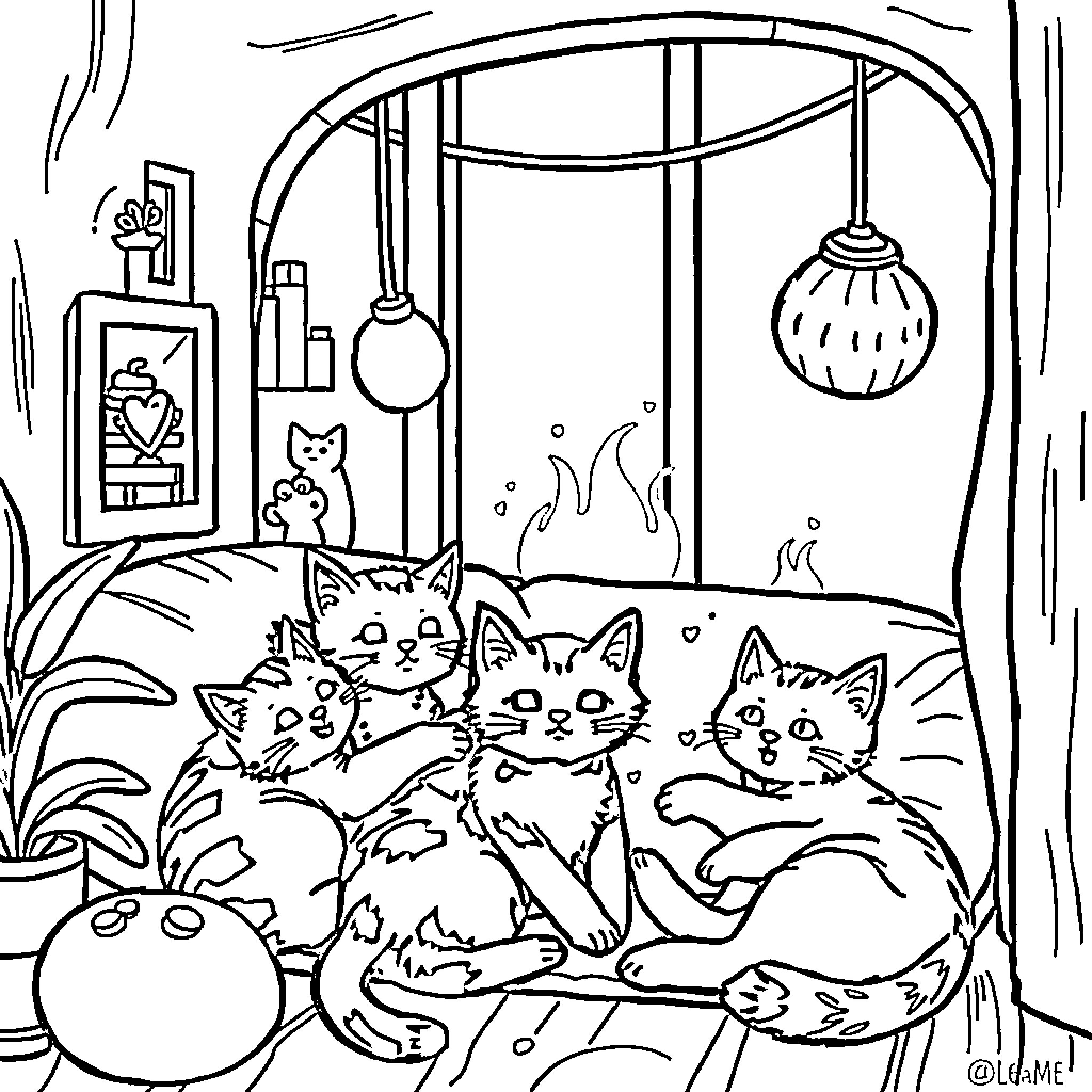 Cats cuddling in a cozy home setting Coloring Page (free black-and-white line drawing printable PDF for all, from beginners to advanced learners, including children, teens, adults, and seniors)