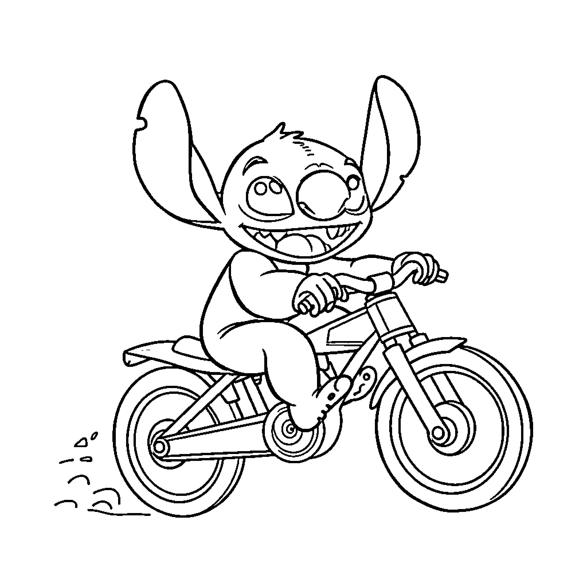 Stitch riding a bicycle happily Coloring Page (free black-and-white line drawing printable PDF for all, from beginners to advanced learners, including children, teens, adults, and seniors)
