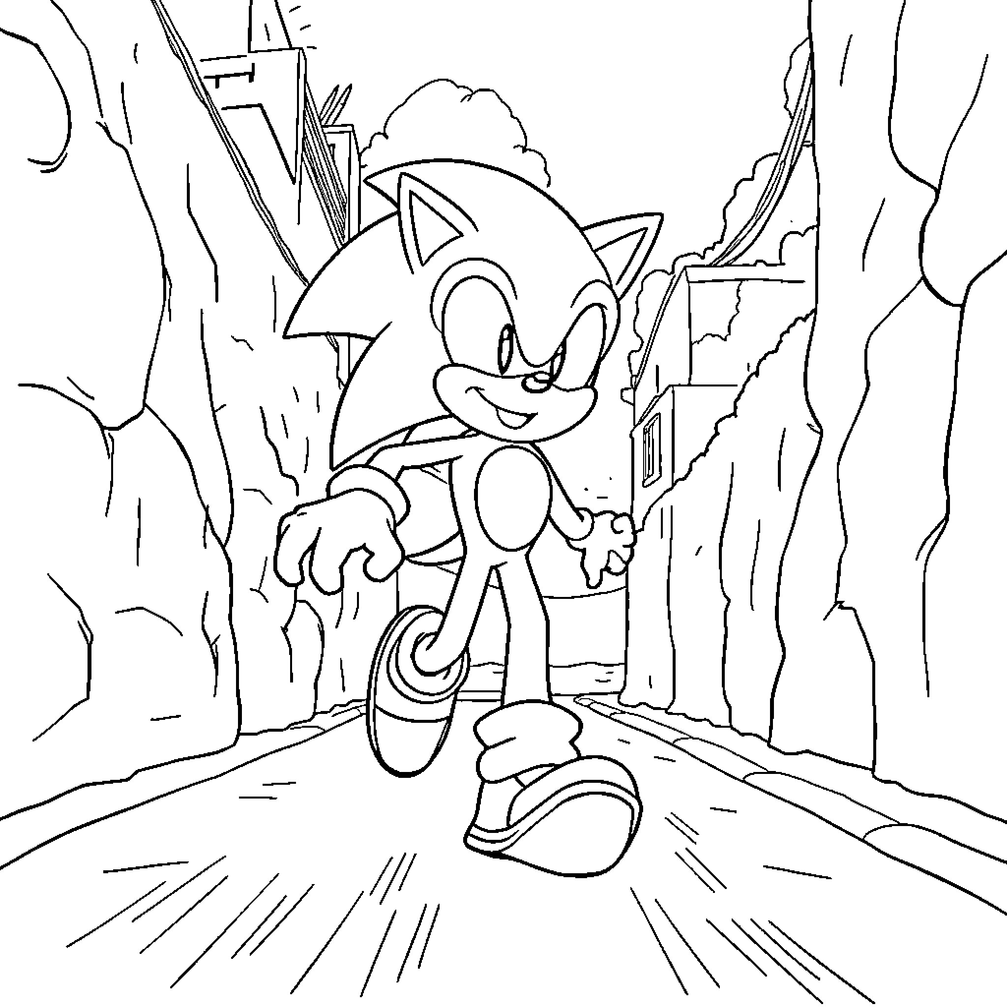 Sonic the Hedgehog dashing through the city Coloring Page (free black-and-white line drawing printable PDF for all, from beginners to advanced learners, including children, teens, adults, and seniors)