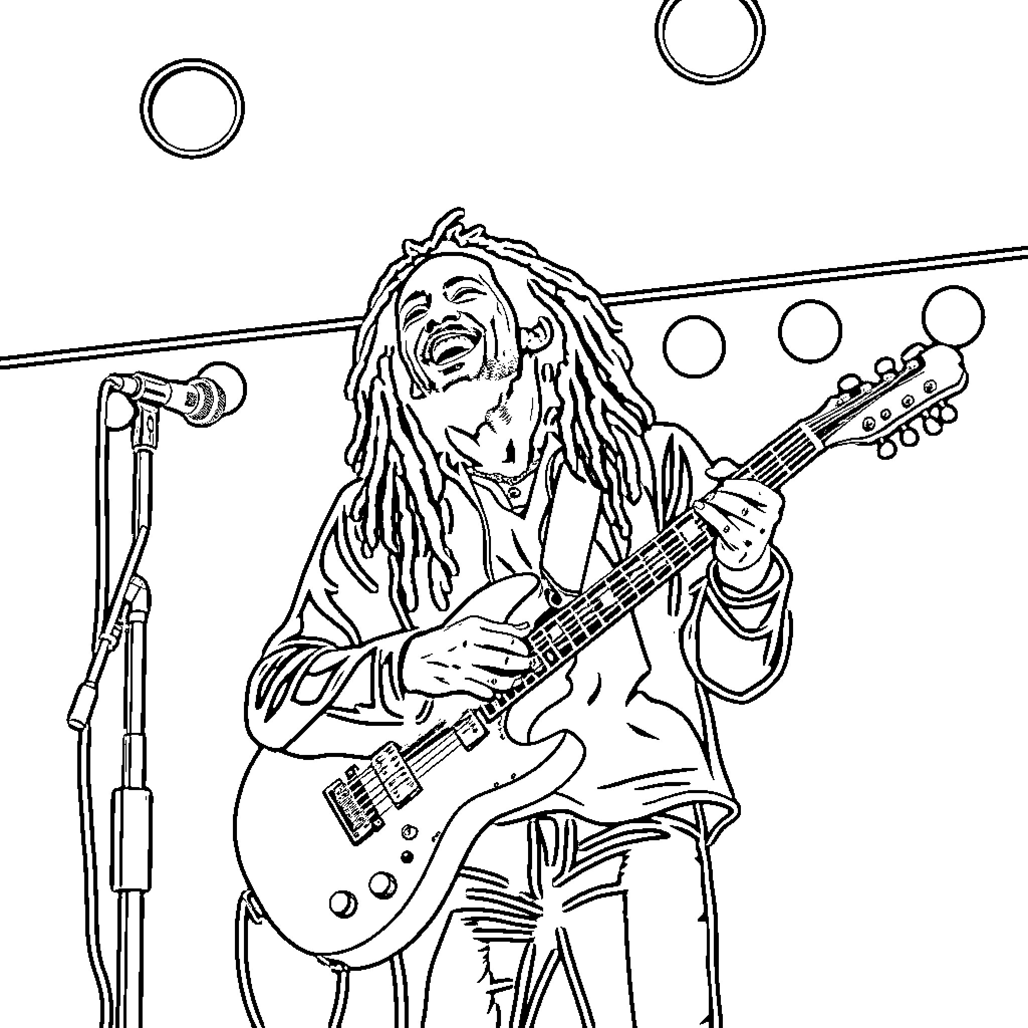 Bob Marley performing on stage with guitar Coloring Page (free black-and-white line drawing printable PDF for all, from beginners to advanced learners, including children, teens, adults, and seniors)