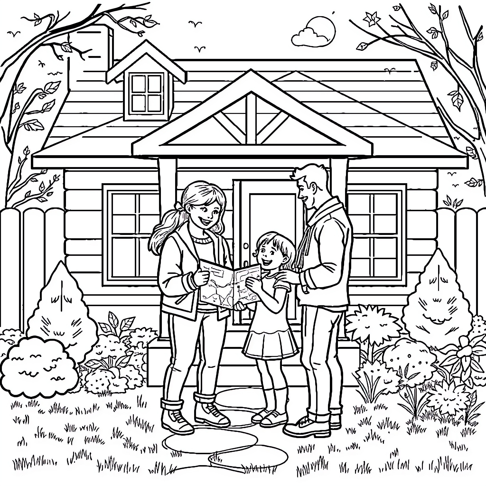 Family enjoying a day outdoors by their cozy home Coloring Page (free black-and-white line drawing printable PDF for all, from beginners to advanced learners, including children, teens, adults, and seniors)