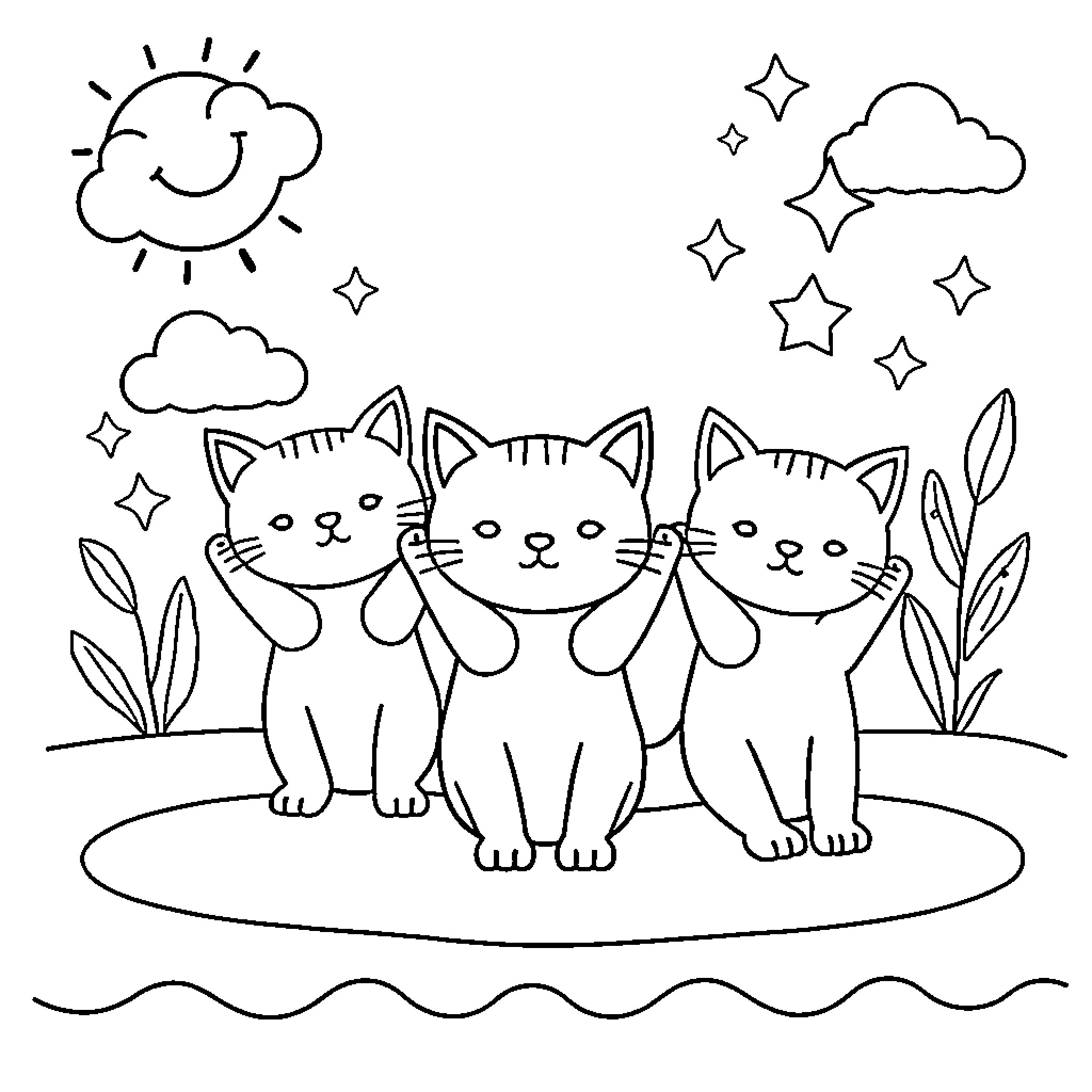Cat friends playing in the garden Coloring Page (free black-and-white line drawing printable PDF for all, from beginners to advanced learners, including children, teens, adults, and seniors)