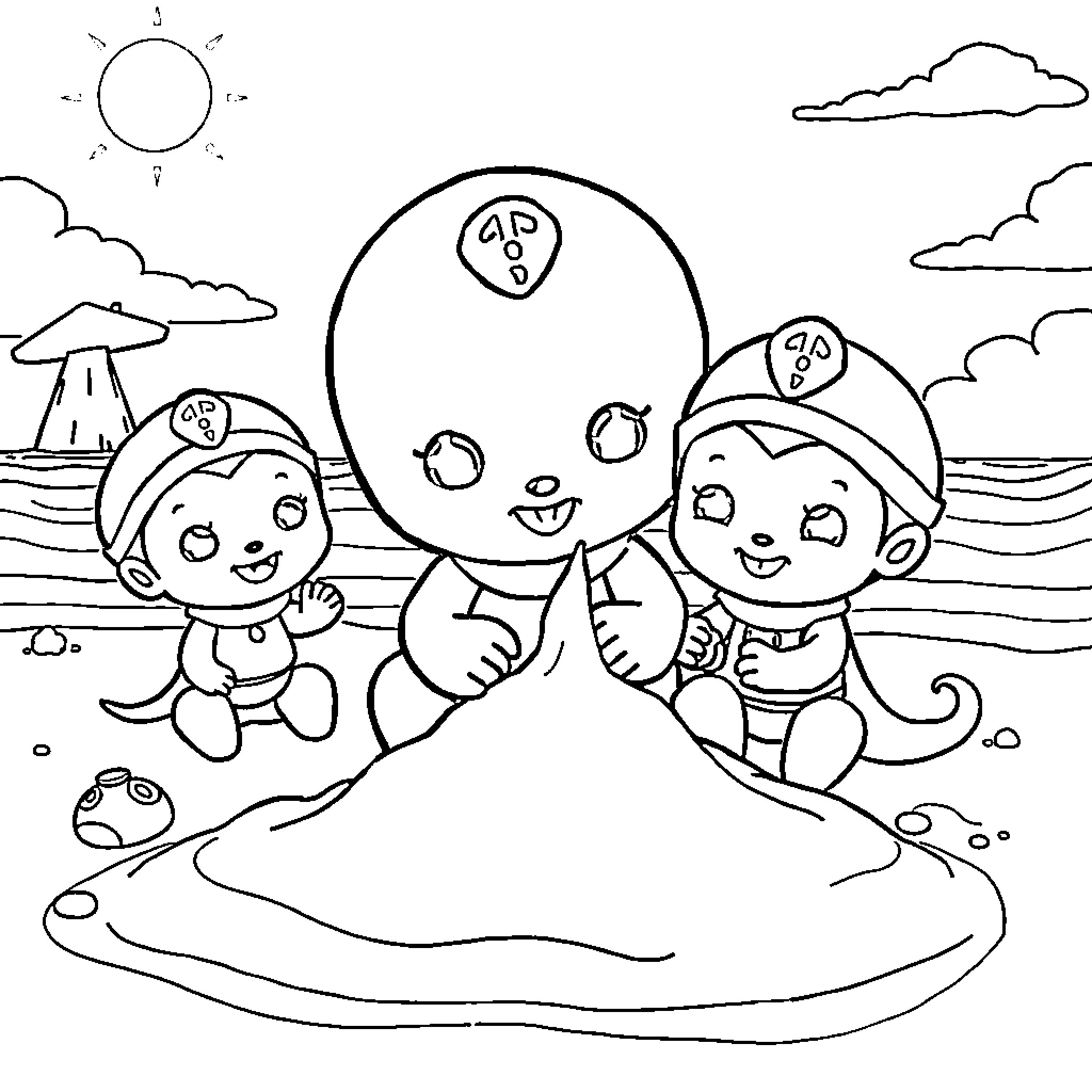 Octonauts exploring the beach together Coloring Page (free black-and-white line drawing printable PDF for all, from beginners to advanced learners, including children, teens, adults, and seniors)