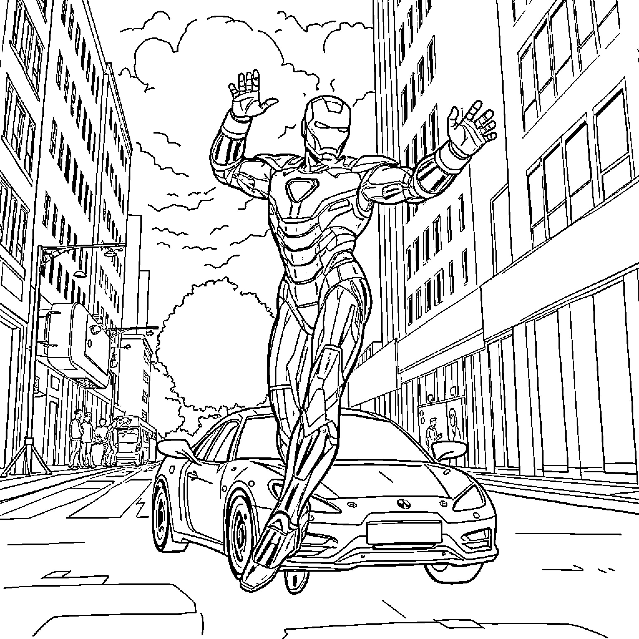 Ironman heroically stands atop a car in the city Coloring Page (free black-and-white line drawing printable PDF for all, from beginners to advanced learners, including children, teens, adults, and seniors)