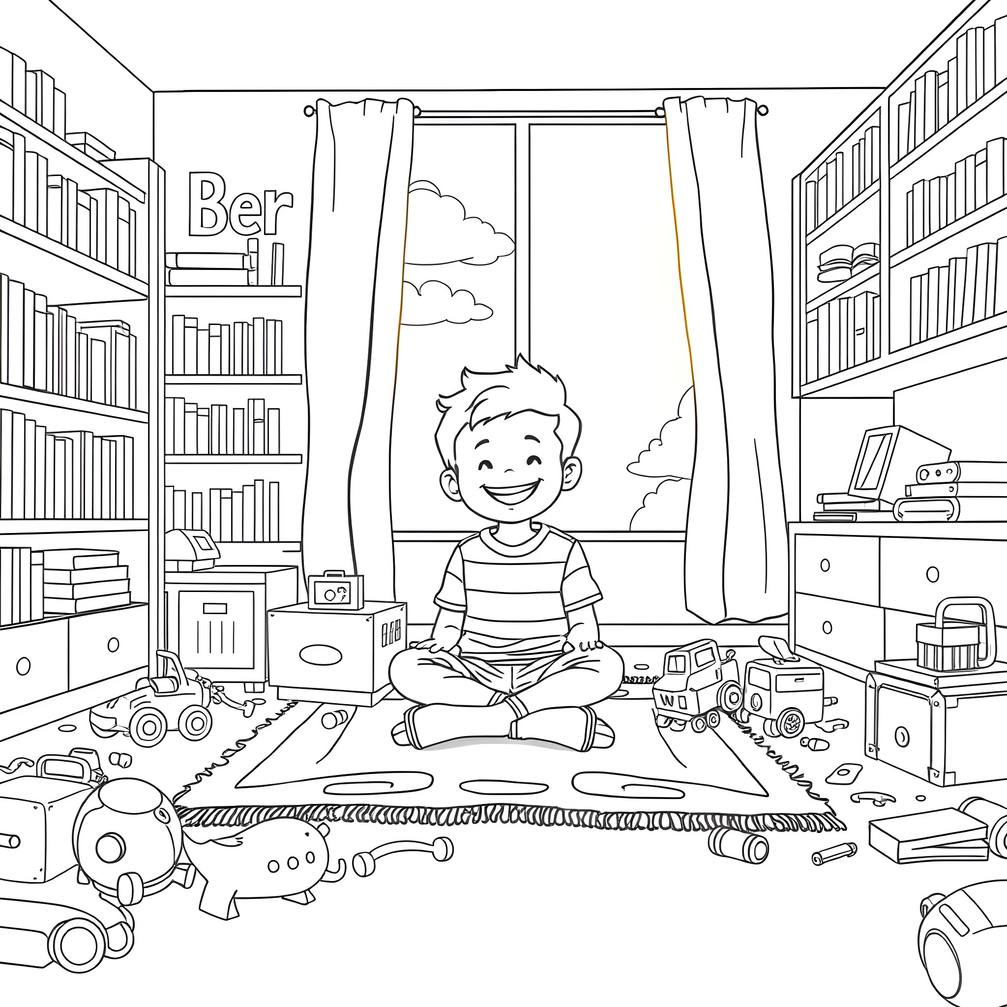 Boy sitting on floor with toys and books in room Coloring Page (free black-and-white line drawing printable PDF for all, from beginners to advanced learners, including children, teens, adults, and seniors)