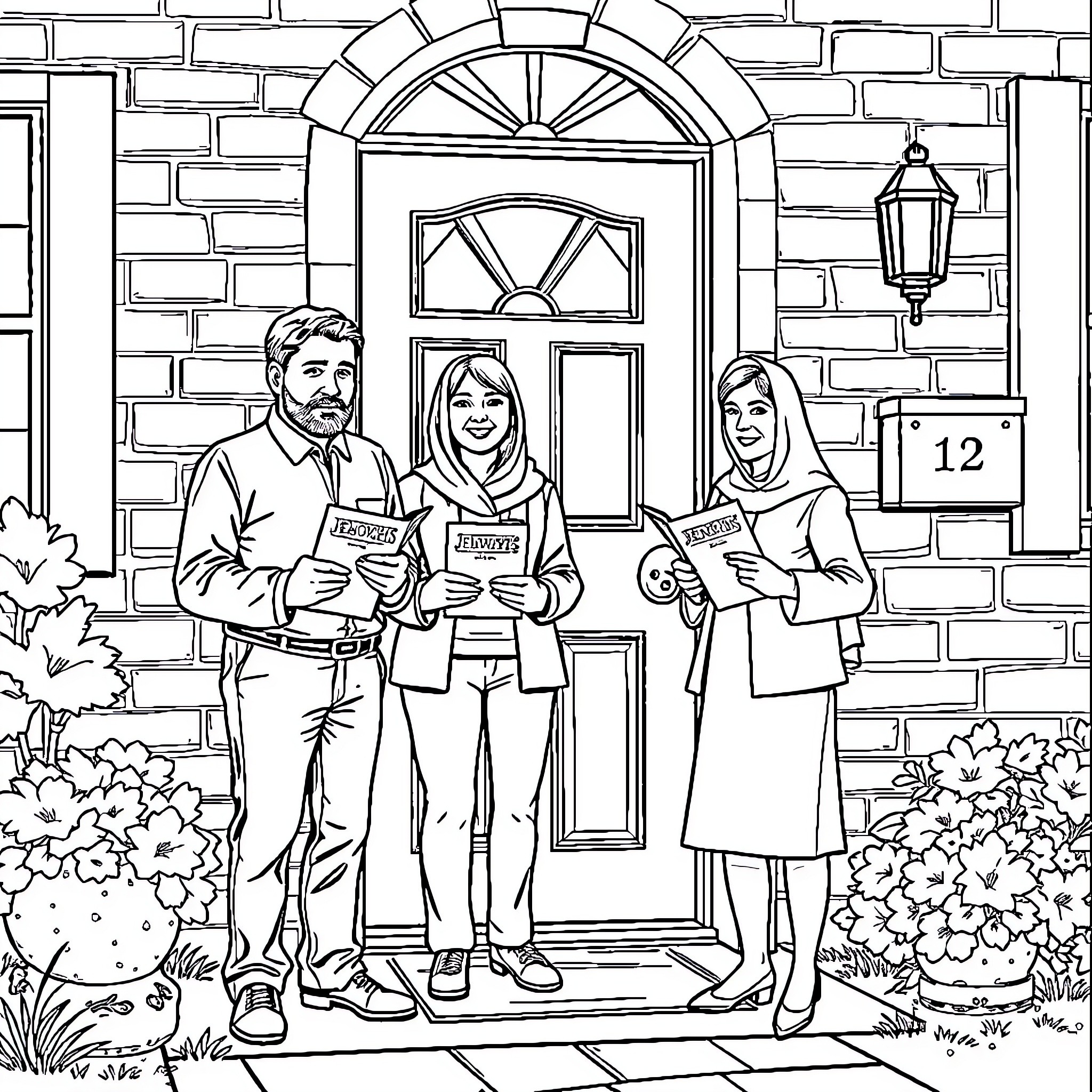 Jehovah's Witnesses sharing literature and engaging with residents Coloring Page (free black-and-white line drawing printable PDF for all, from beginners to advanced learners, including children, teens, adults, and seniors)