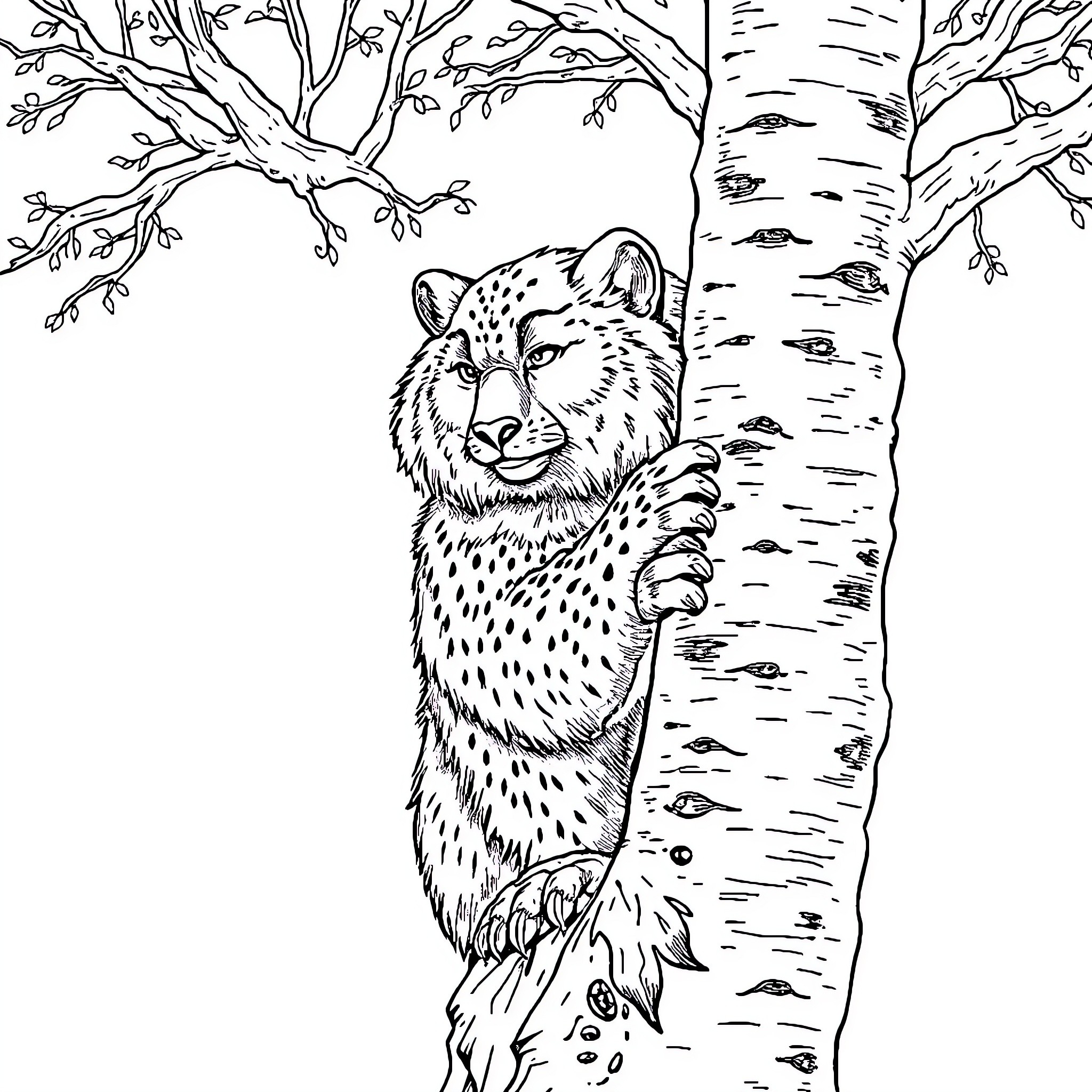 Bear peeking out from behind tree Coloring Page (free black-and-white line drawing printable PDF for all, from beginners to advanced learners, including children, teens, adults, and seniors)